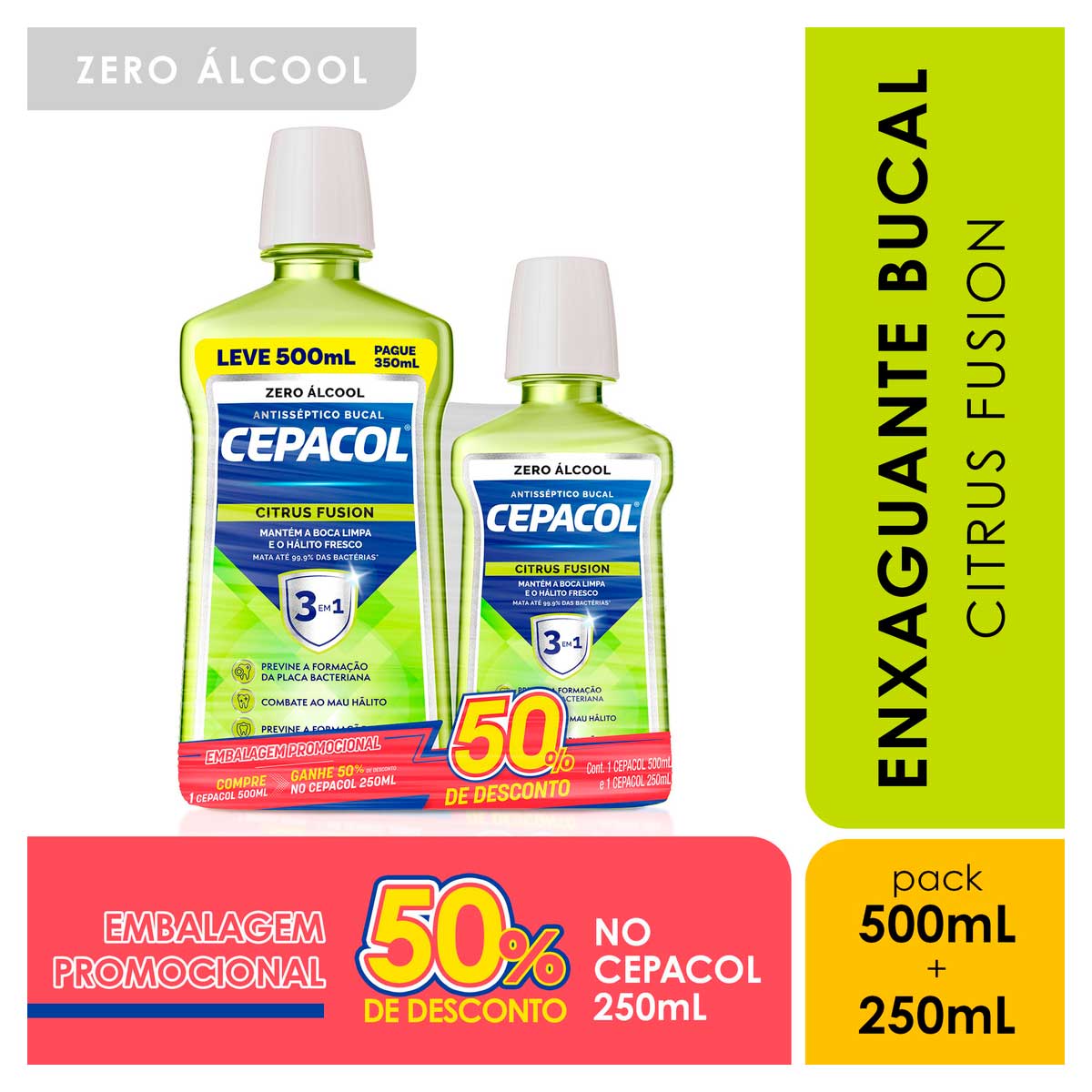 Enxaguante Bucal  500ml + Enxaguante Bucal 250ml Zero Alcool Citrus Fusion Cepacol Gratis 50% de Desconto Cepacol 250ml