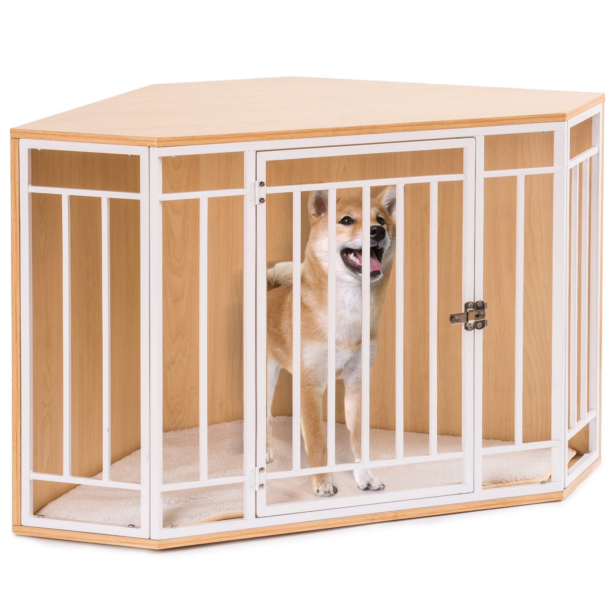 LANTRO JS Corner Dog Crate with Cushion， Dog Kennel with Wood and Mesh， Doghouse， Pet Crate Indoor Use