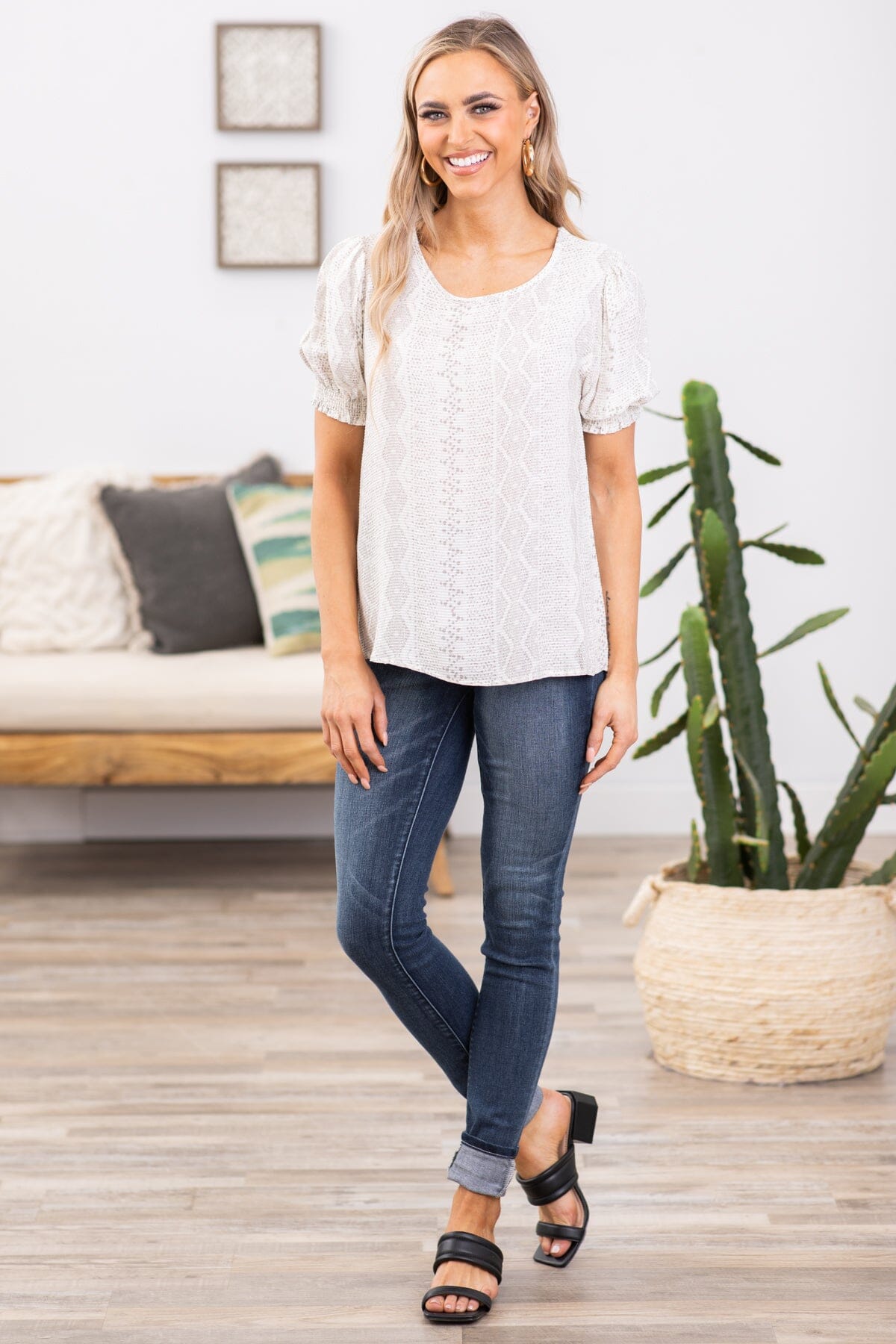 Ivory Puff Sleeve Snakeskin Print Top