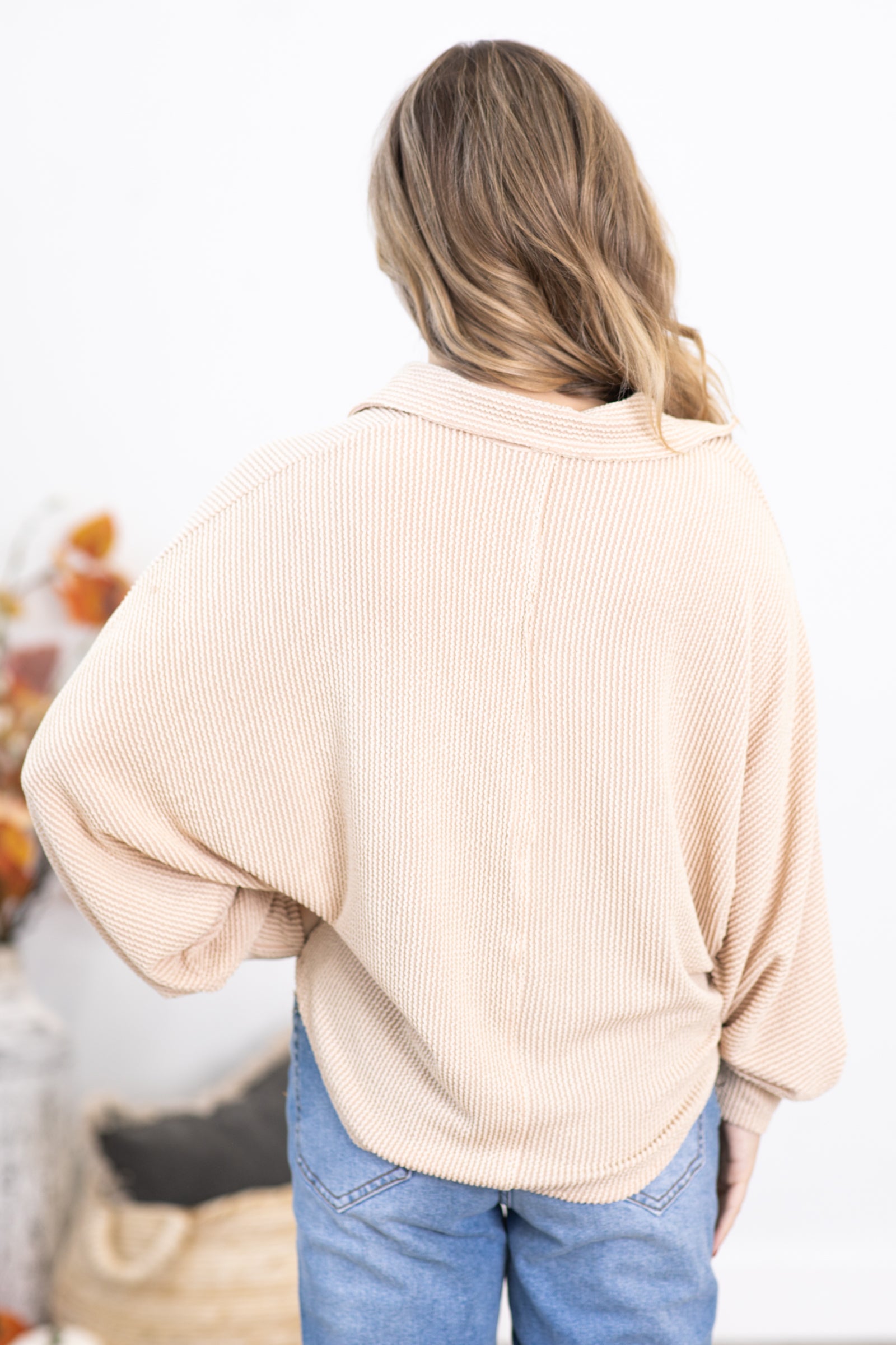Beige Ribbed Top With Collar