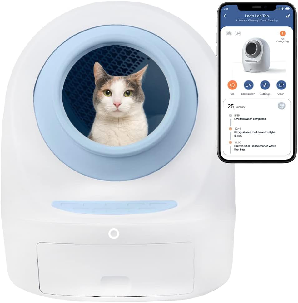 Leo's Loo Too No Mess Automatic Self-Cleaning Cat Litter Box Includes Charcoal Filter， Built-In Scale， Smart Home App With Voice Control
