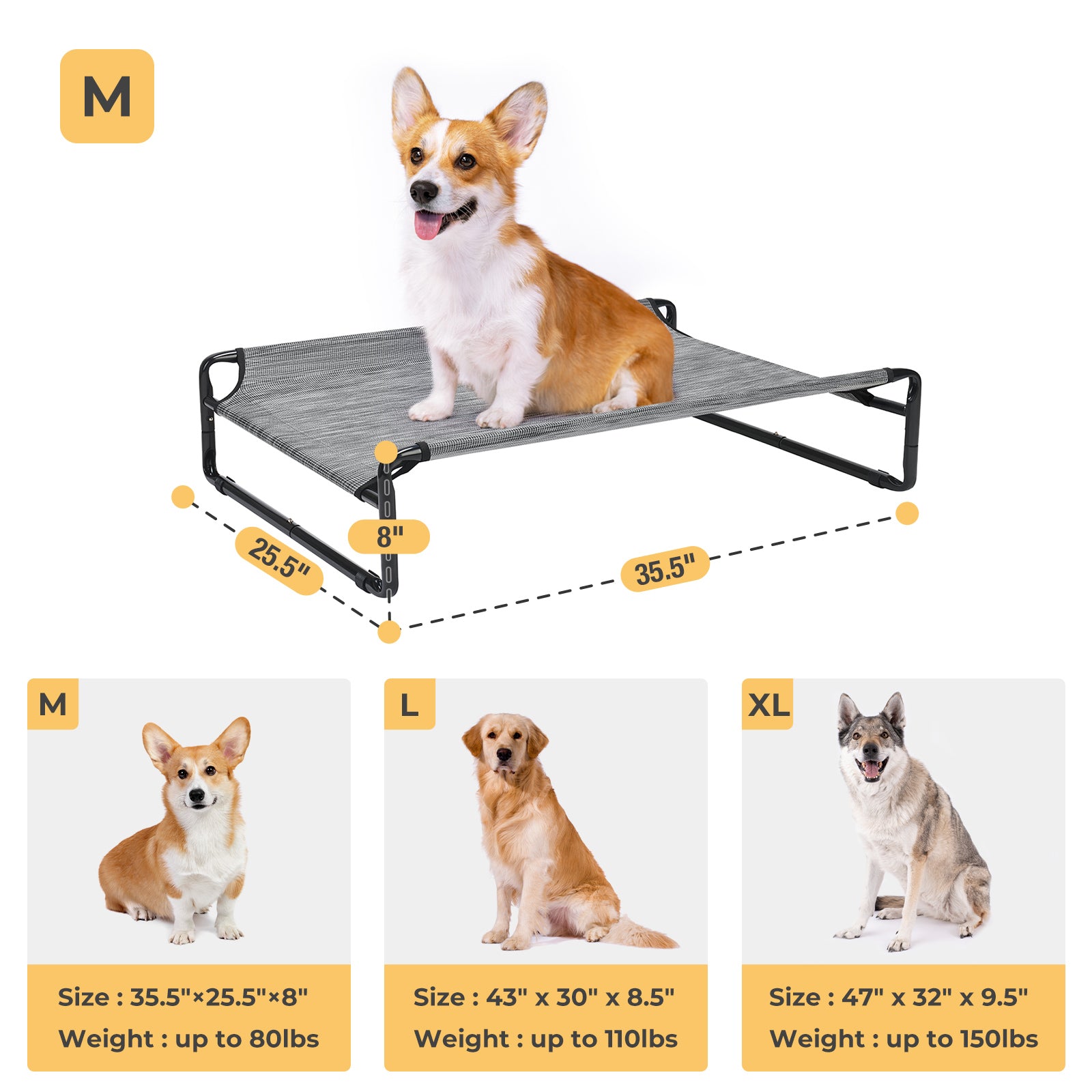 Veehoo Original Cooling Elevated Dog Bed， Raised Dog Cot with Washable Mesh， Medium， Black Silver