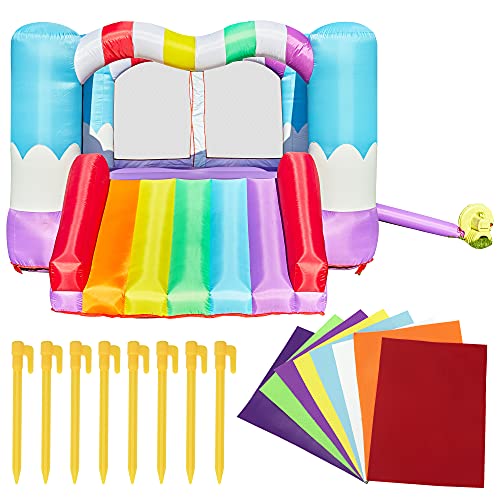 TURFEE Rainbow Inflatable Jumper Bounce House with Blower，Bounce House with Slide， Repair Patches， and Stakes， for Kids Indoor Outdoor.Easy Set Up，Backyard and Party Fun，138x 106 x 73