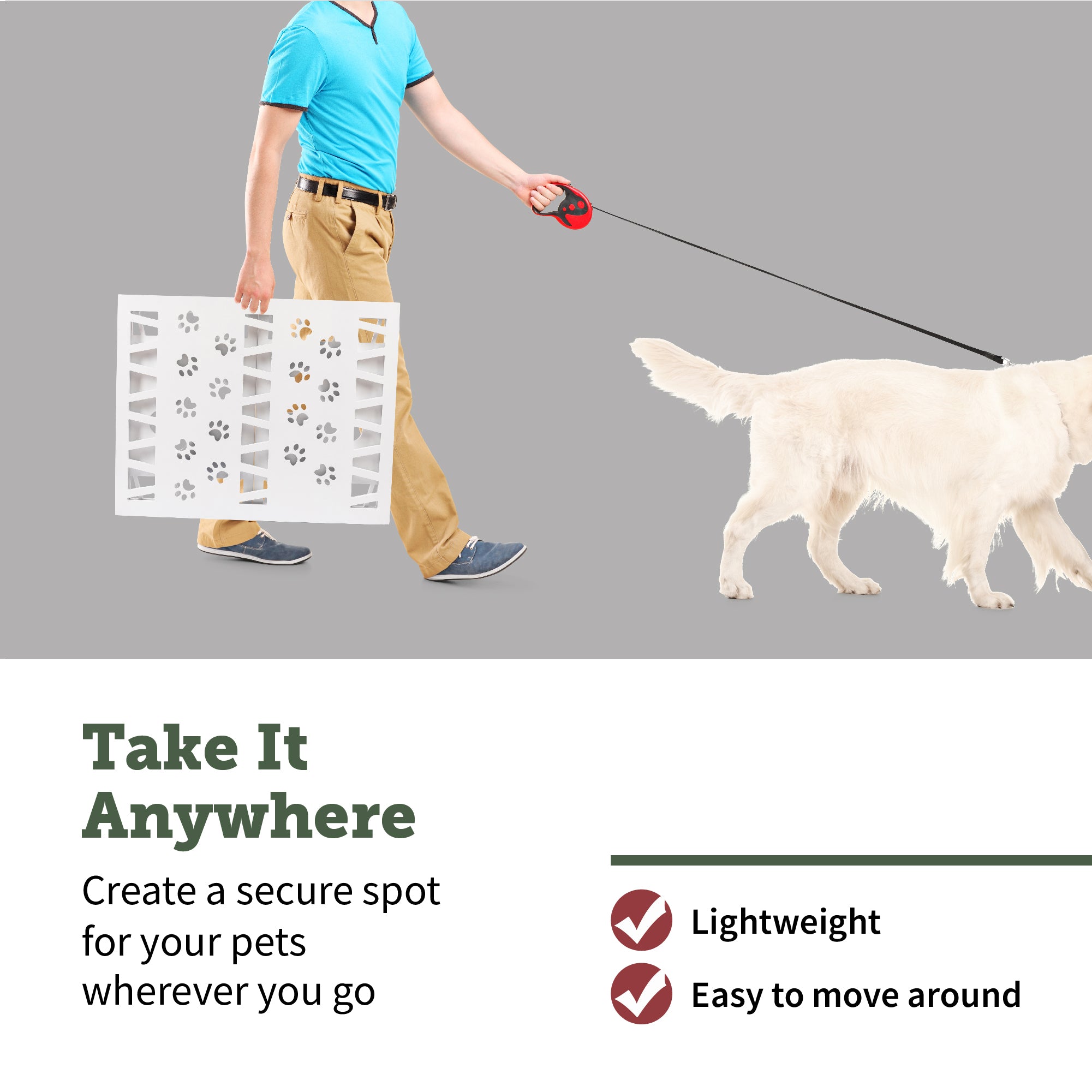 Hoovy Freestanding Decorative Pet Gate: Folding and Extending Dog and Puppy Gate for Home and Office Use | Keeps Pets Safe and Restricted to an Area | No Assembly Required (Paw Decor， White)