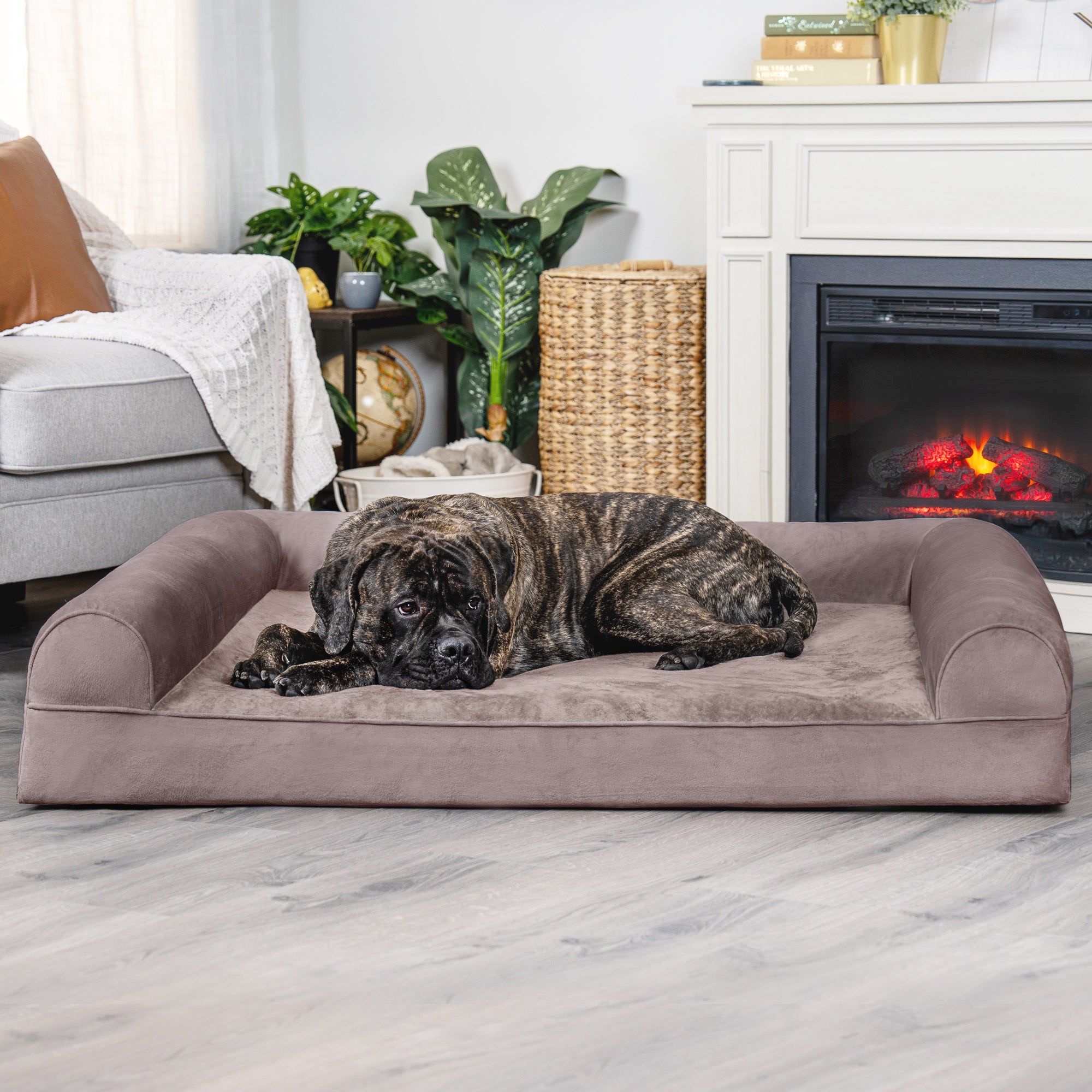 FurHaven | Orthopedic Faux Fur and Velvet Sofa Pet Bed for Dogs and Cats， Driftwood Brown， Jumbo Plus