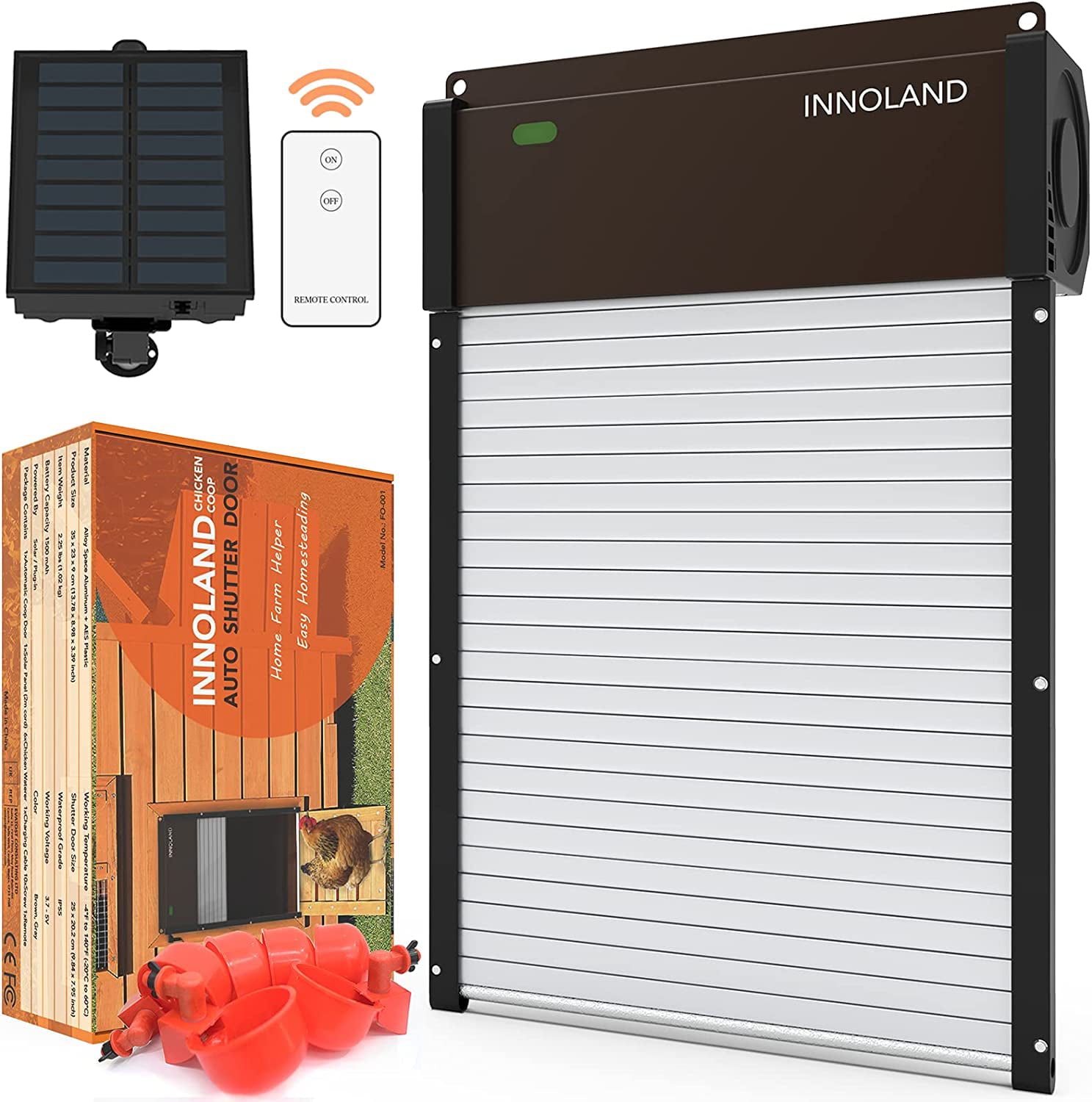 INNOLAND Automatic Chicken Coop Door Solar Powered， Aluminum Frame with Light-Weight AES Roller Shutter， Light Sensor， Daily Programmable Timer， Remote Control