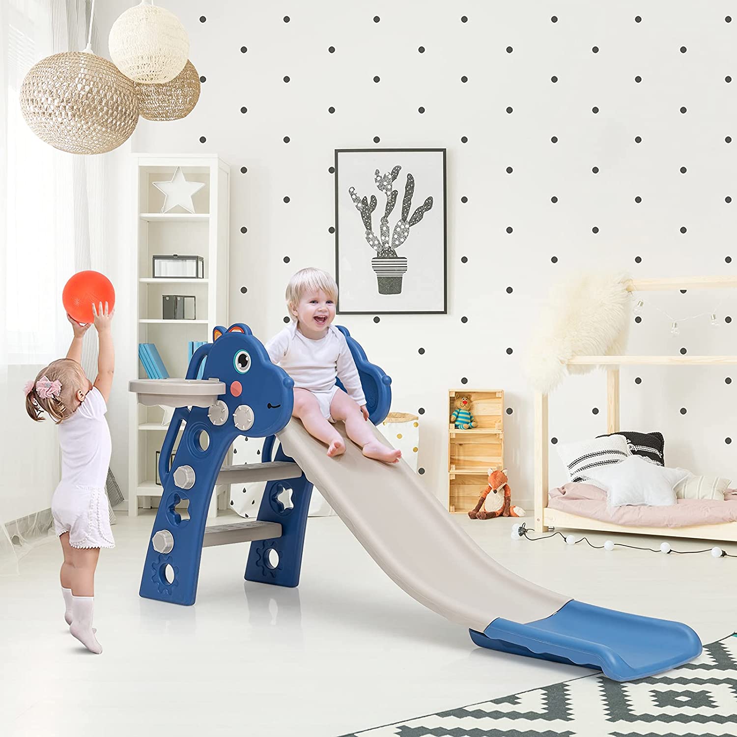 3 in 1 Slide for Kids， Toddler Slide Climber Set for Indoor Outdoor， Freestanding Baby Game Slide with Extra Long Slipping Slope， Basketball Hoop and Ball for Boys and Girls (Blue)