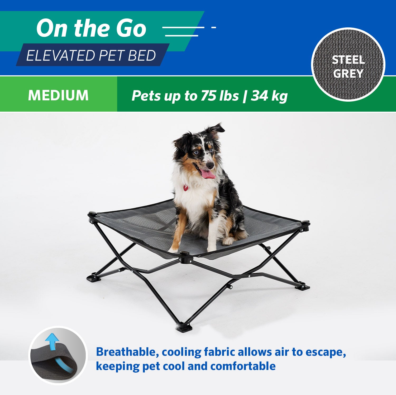 Coolaroo On the Go Elevated Travel Dog Bed， Medium， Steel Gray