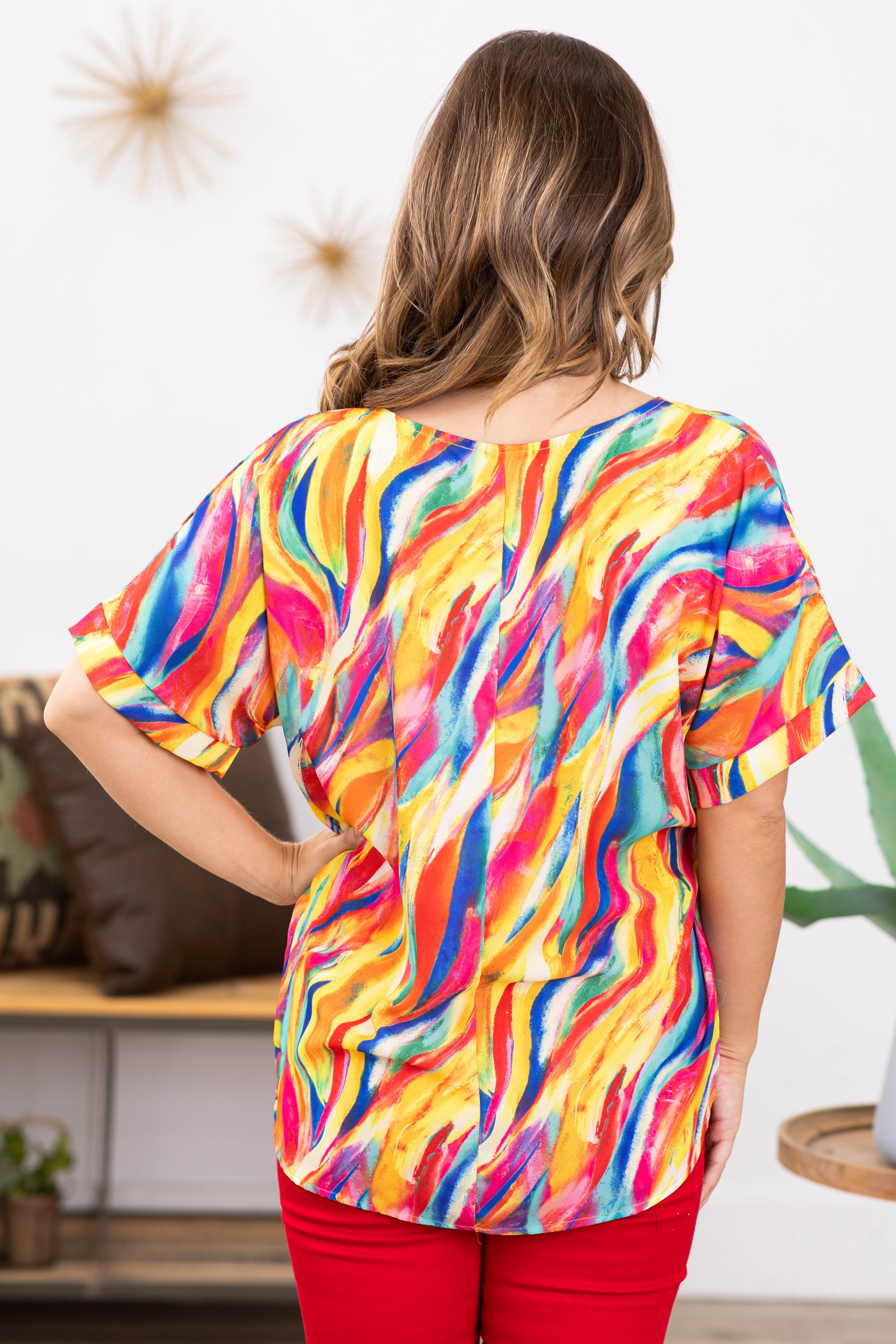 Red and Yellow Multicolor Abstract Print Top