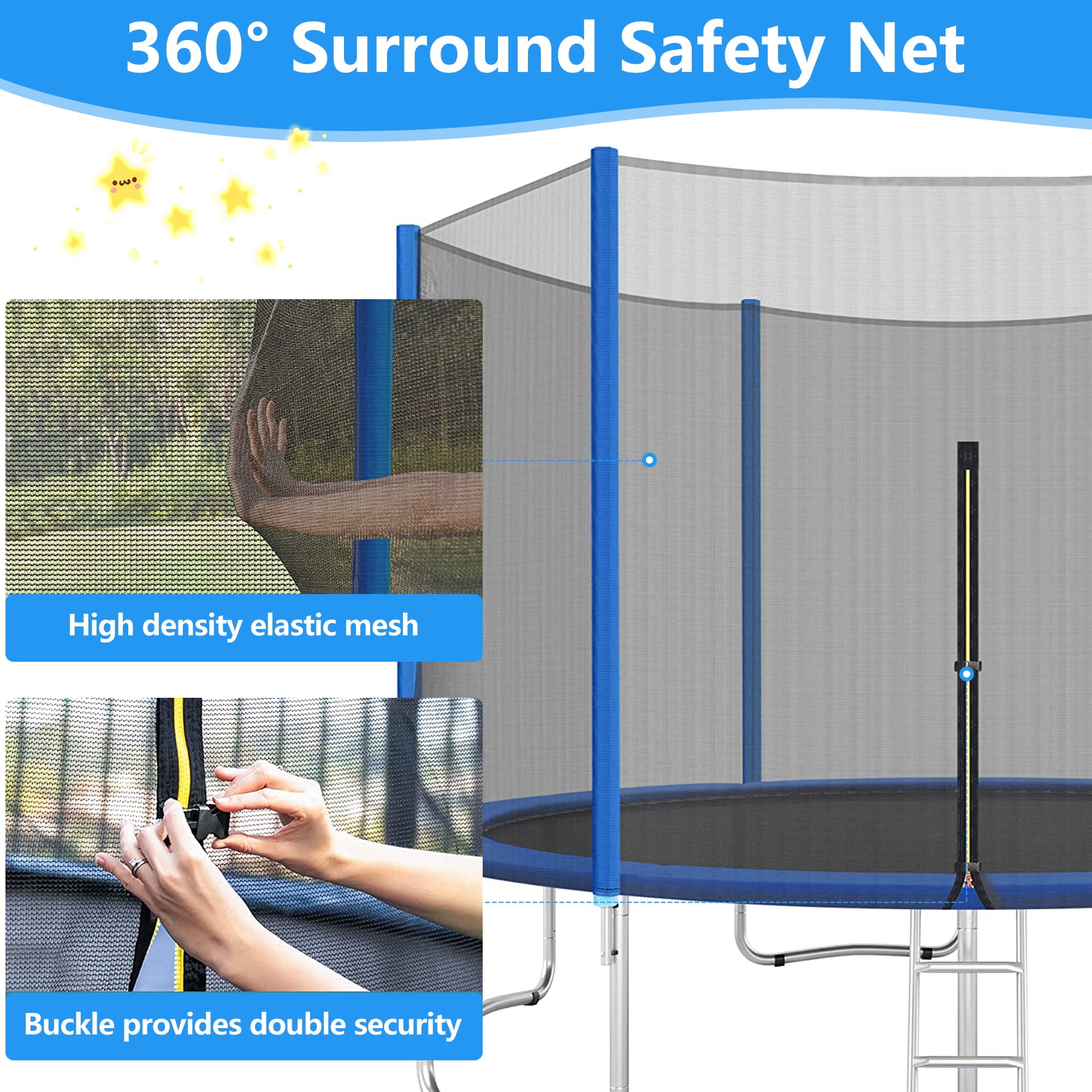 Trampoline ON SALES， Seizeen 15FT XL Trampoline for Kids - All-Weather Trampoline W/ Thickened Enclosure Net and Foot Pad， Outdoor Round Trampolines Bears 4-6 Kids， Blue