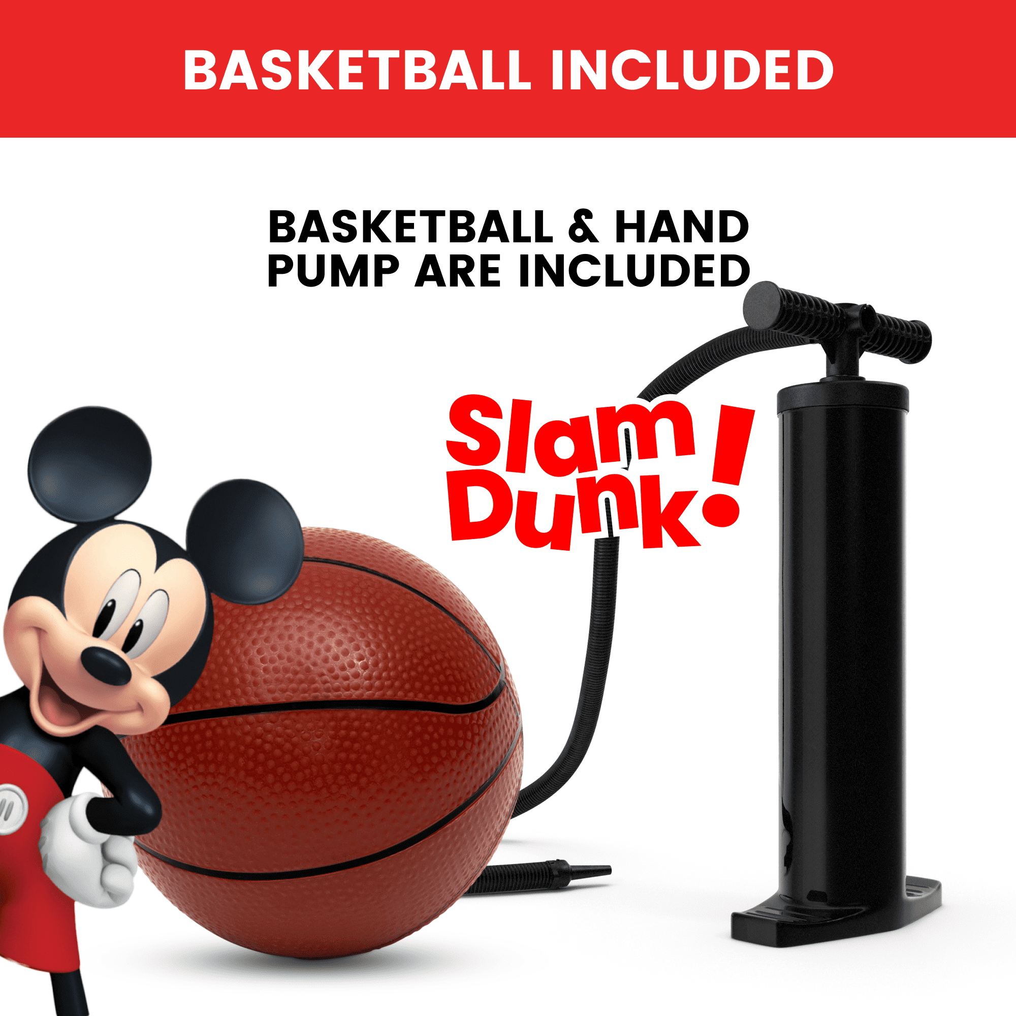 Disney Mickey Mouse Plastic Basketball Set by Delta Children – Includes Basketball Hoop， 1 Basketball， Ring Toss Game with 3 Rings， Growth Cart and Ball Pump