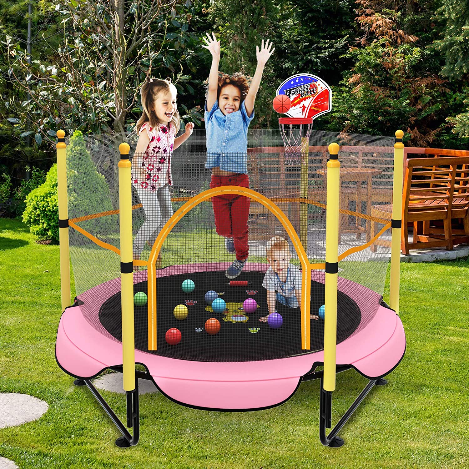 Reliancer 5FT Trampoline for Kids Toddler Indoor Trampoline with Safety Enclosure Net Mini Basketball Hoop Jumping Mat for Home Entertainment Equipment Outdoor Backyard Games