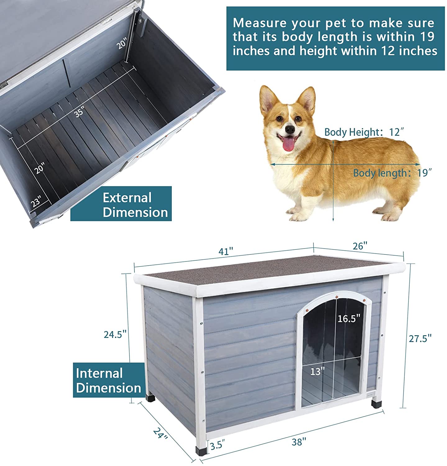 Wooden Dog House，Outdoor Pet Kennel， Solid Wood， Weather Proof， Light Grey， Medium/40.8 X 26 X 27.6 Inch