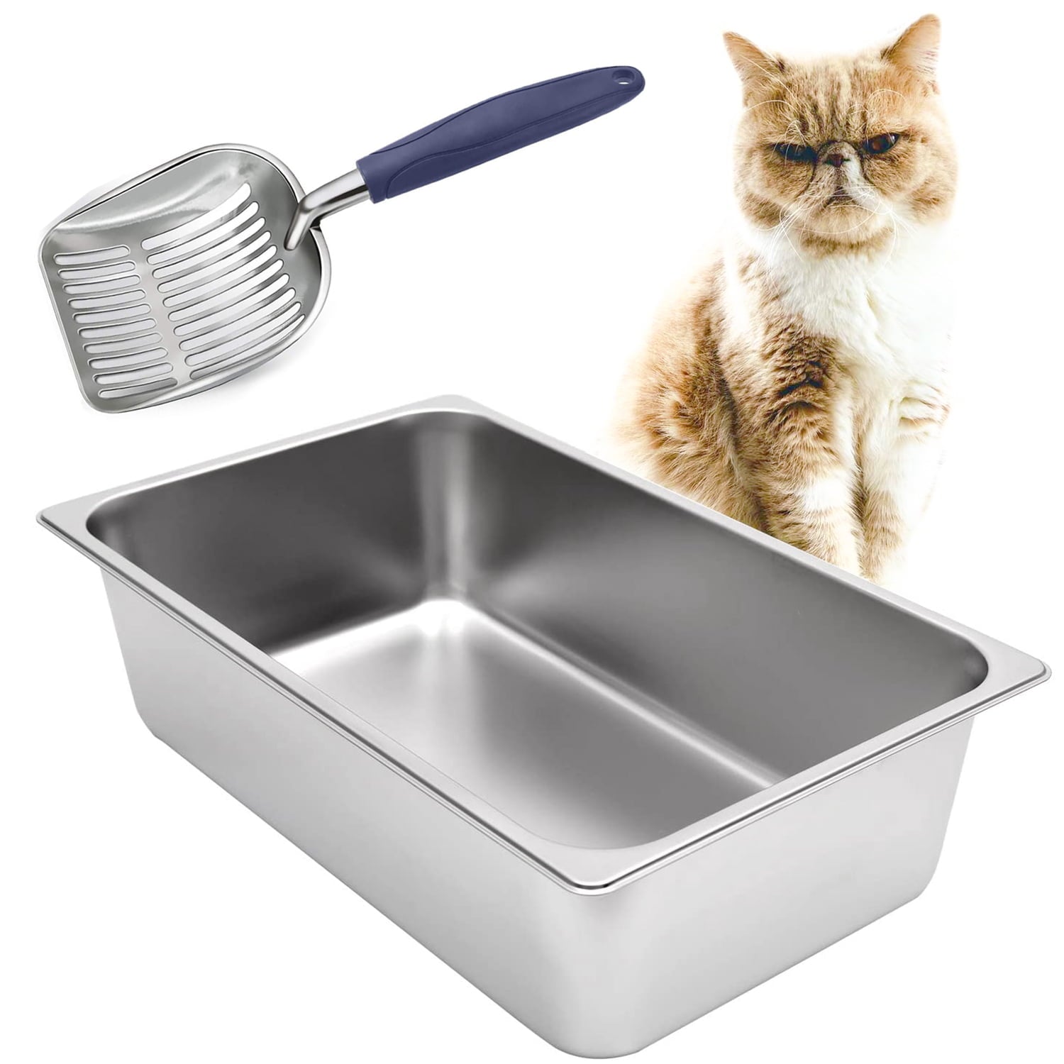 Stainless Steel Cat Litter Box + Cat Litter Scoop， Extra Large Litter Box Has High Sides， Doesn't Absorb Odor， Rust or Stains， Cat Litter Scooper has Aluminum Alloy Sifter， Metal Scooper， Deep shovel.