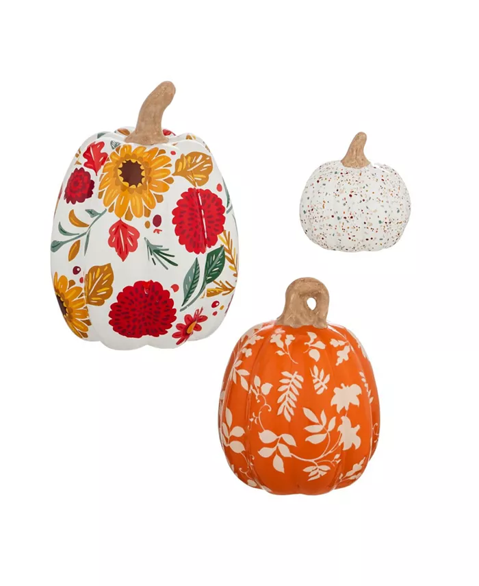 Evergreen Set of 3 Printed Ceramic Pumpkins， Autumn Blooms