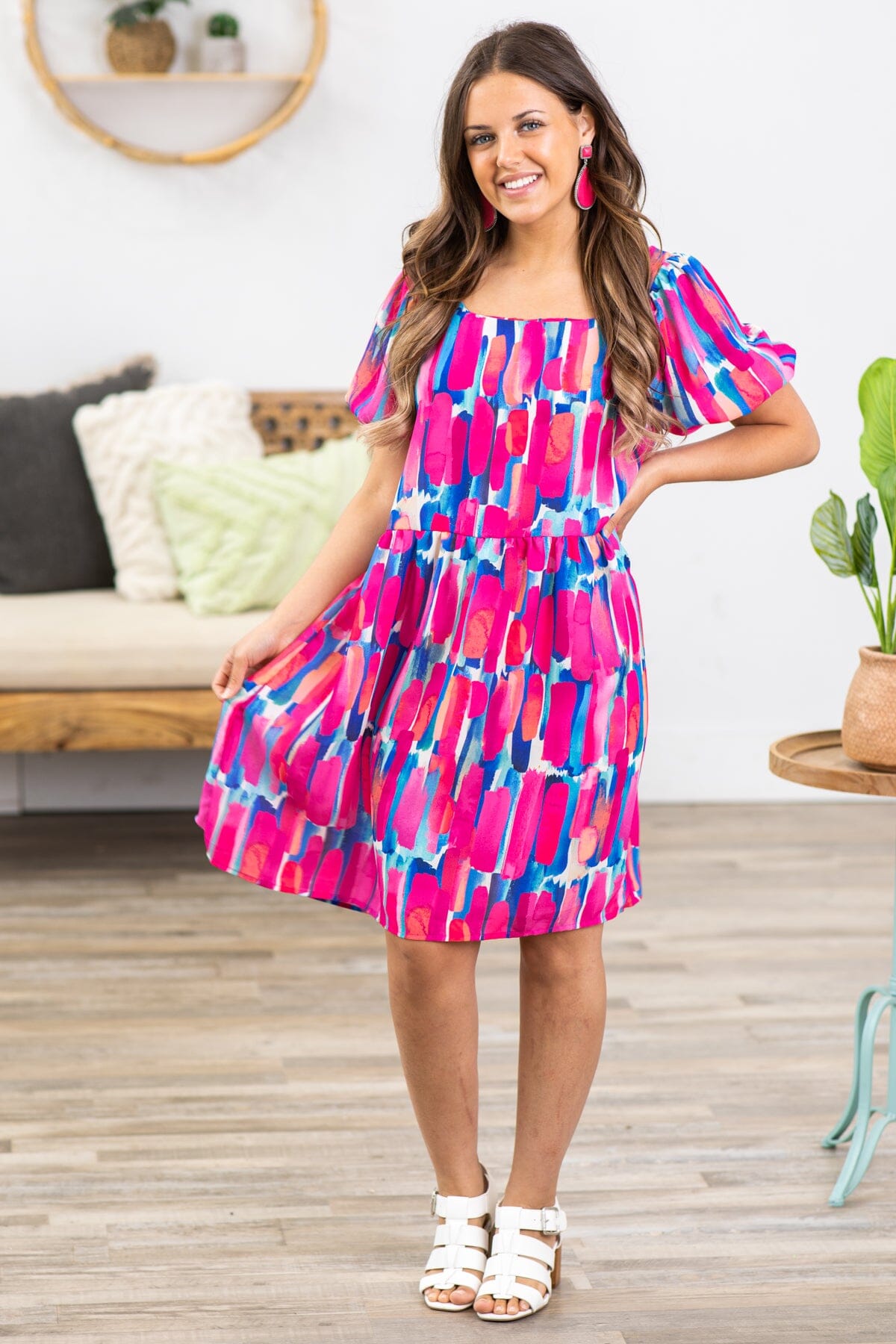 Fuchsia and Cobalt Abstract Print Dress