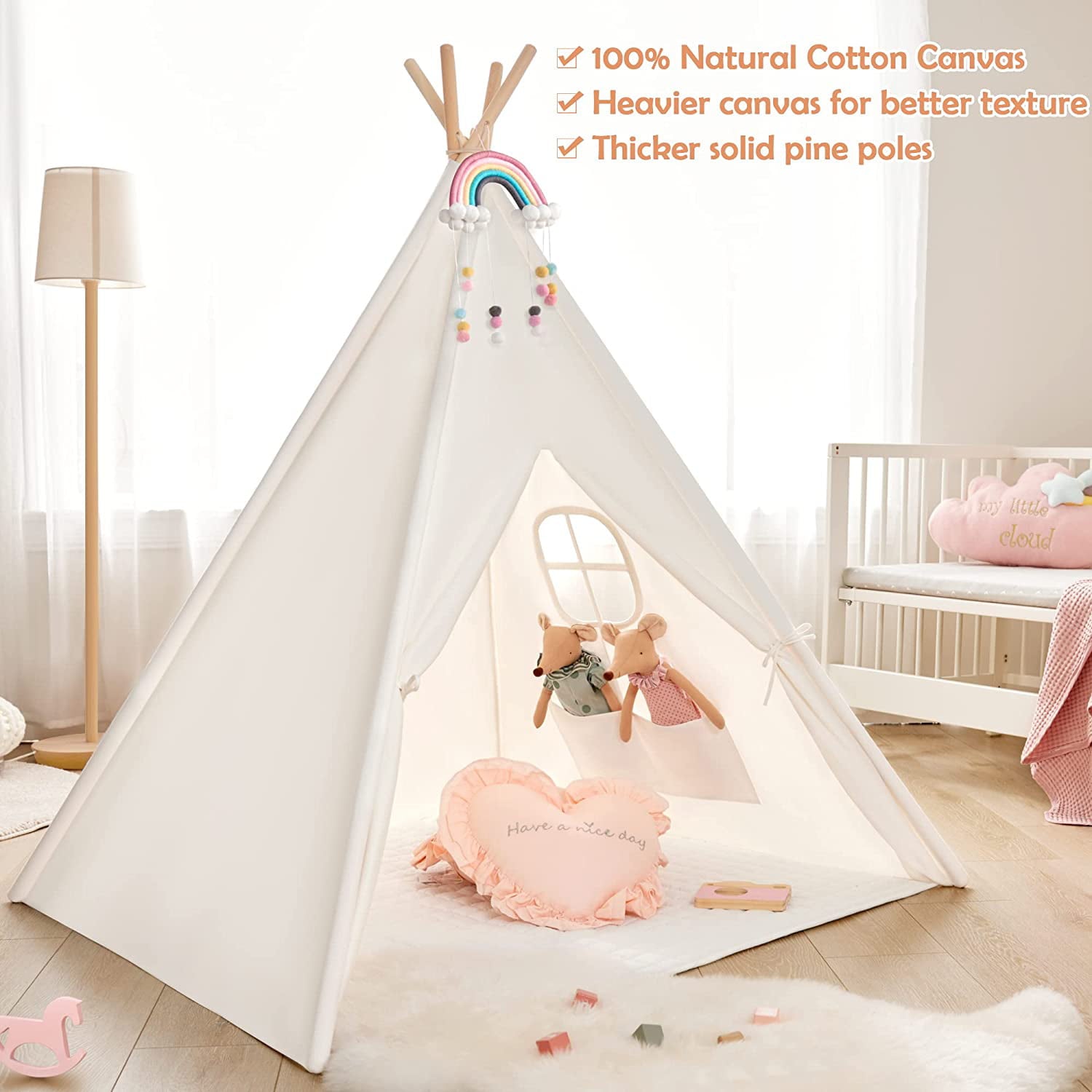 Foldable Kids Teepee Tent, Play Tents for Girl and Boy with Window Canvas Tepee Playhouse for Child Indoor Outdoor
