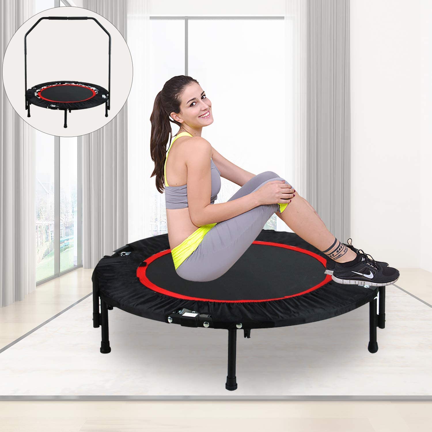 REDCAMP Mini Trampolines Rebounder for Adults， Foldable Fitness Trampoline with Adjustable Handle for Indoor/Garden/Workout