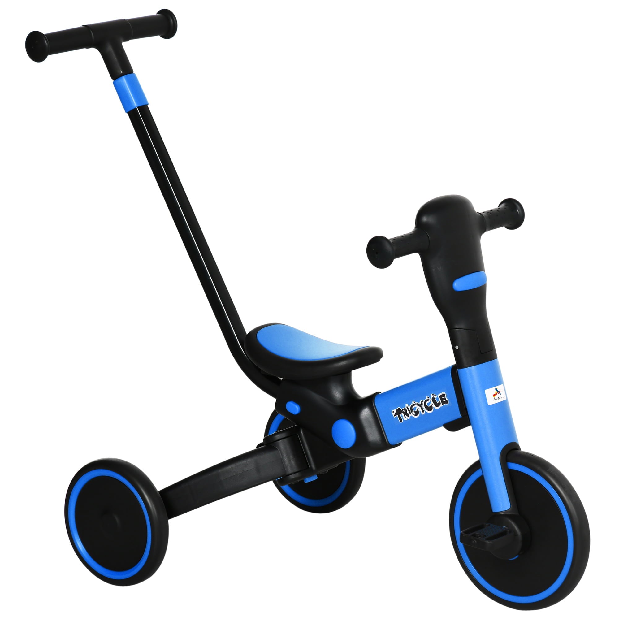 Aosom 4-in-1 Toddler Tricycle， Adjustable Balance Bike， Kids Bike， Baby Bicycle Push Trike for Kids 2-4 with Folding Trike Handle， Outdoor Toy for Toddlers and Kindergarteners， Blue