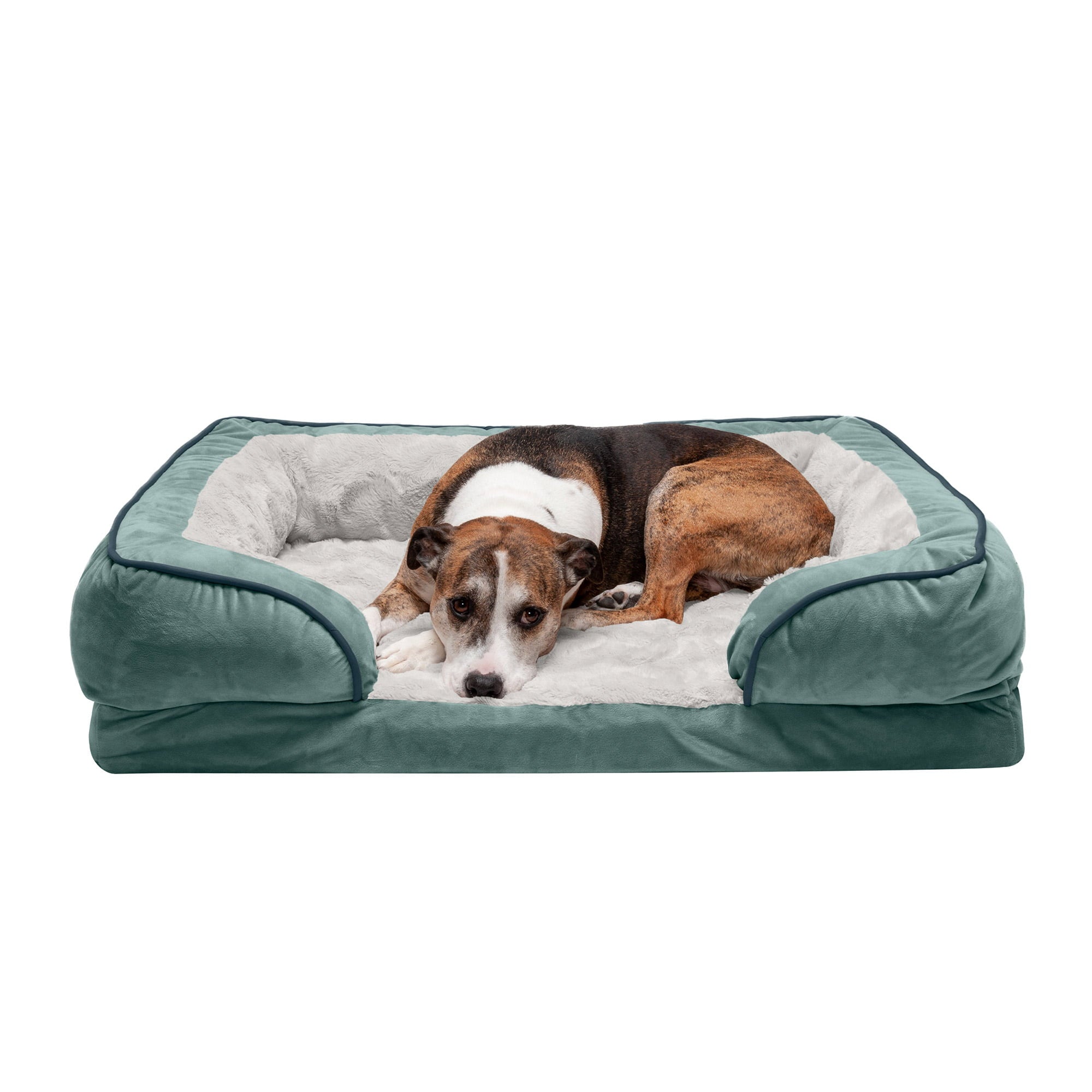 FurHaven Pet Products | Convolute Orthopedic Perfect Comfort Velvet Waves Sofa-Style Couch Pet Bed for Dogs and Cats， Celadon Green， Large