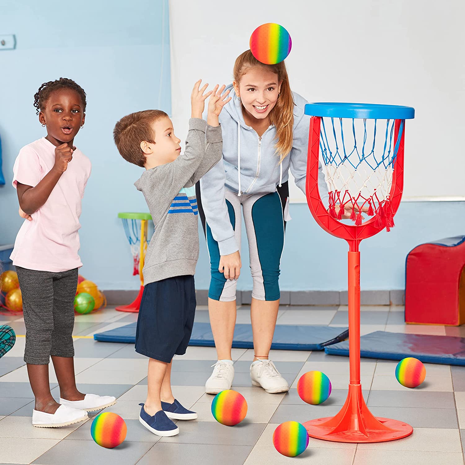 Homotte 6 Pcs Rainbow Playground Balls for Kids， 5 Inch Kickball Dodgeball Handball Set for Indoor and Outdoor Activities with Hand Pump