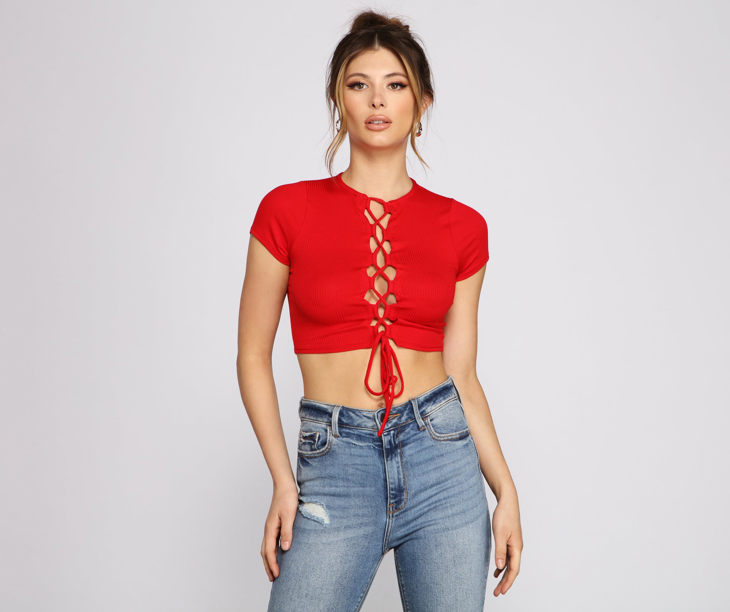 Basic Babe Ribbed Knit Lace-Up Top