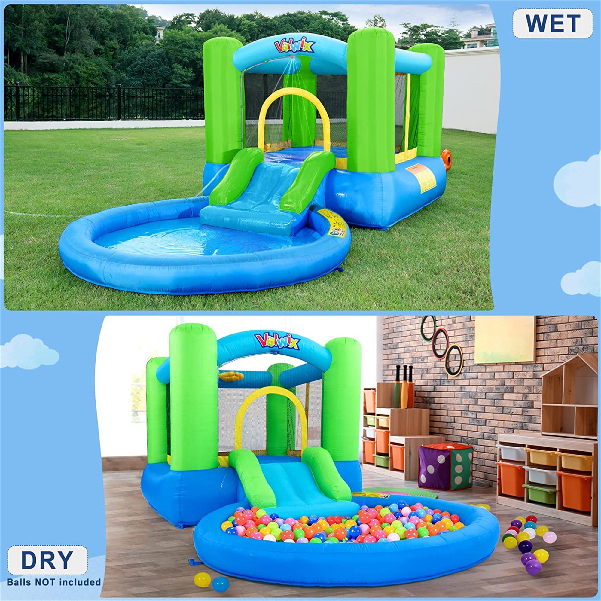 Valwix Inflatable Bounce House with Blower， Bouncy Castle w/ Waterslide and Pool for Wet Dry Combo， Bouncer w/ Repair Kits， Fun Bounce Area with Basketball Hoop