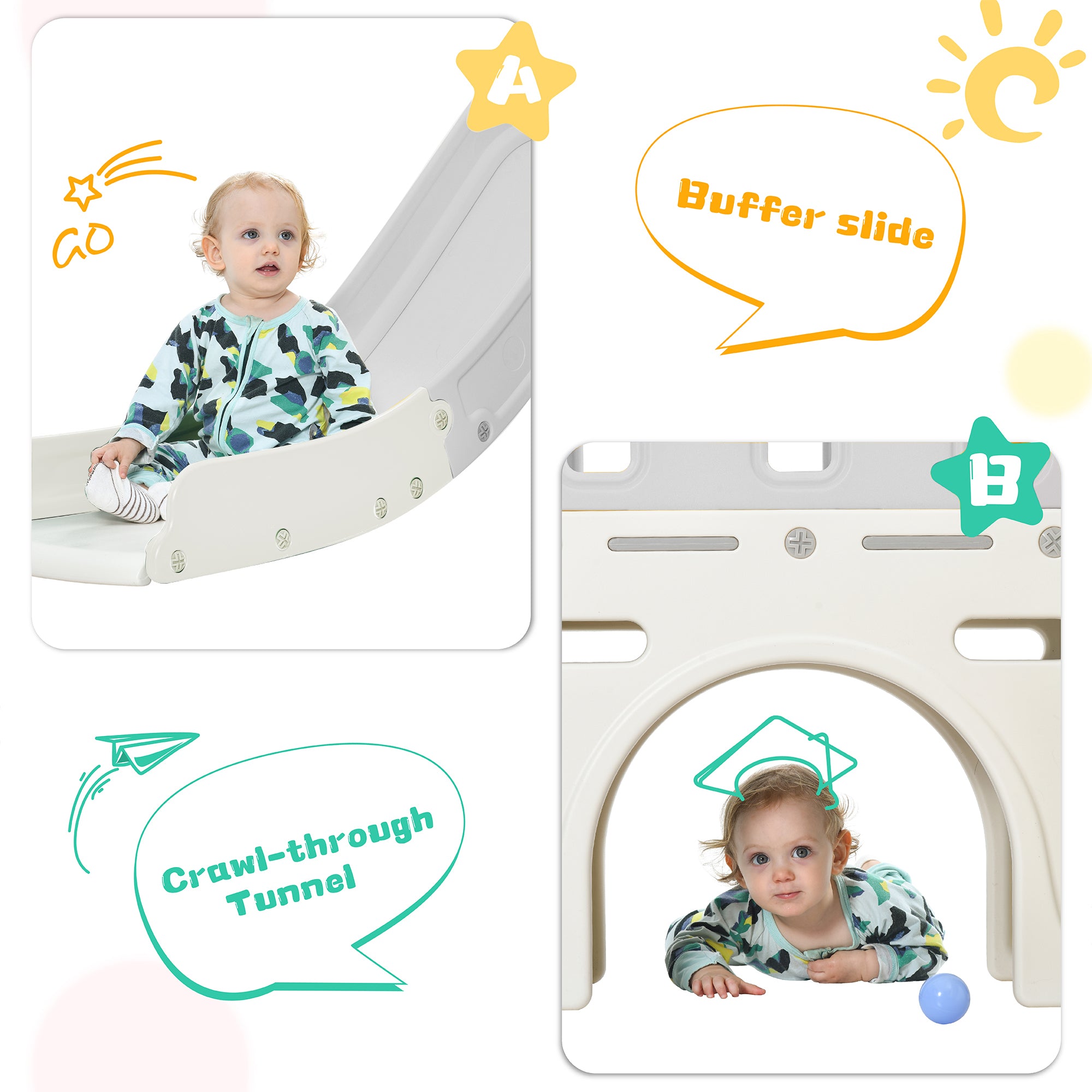 OWSOO Slide Playset Structure， Freestanding Castle Climber with Slide and Basketball Hoop， Storage Organizer for Toddlers， Climbers Playhouse for Indoor Outdoor Playground Activity