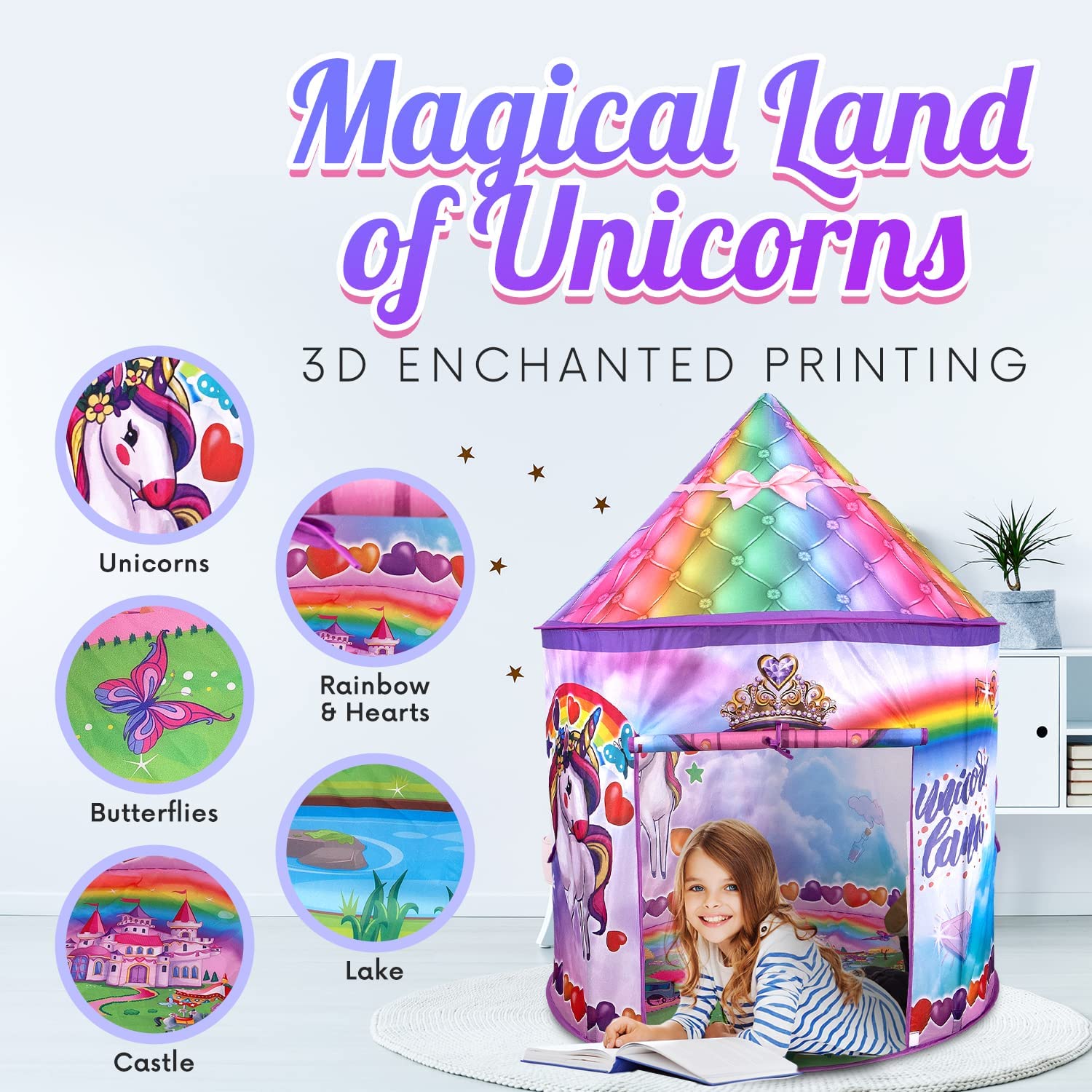 Homeries Unicorn Kids Tent - Sturdy, Large Play Tent Castle Set with Unicorn Chariot Toy & 8 Modes of Mystical LED Lights