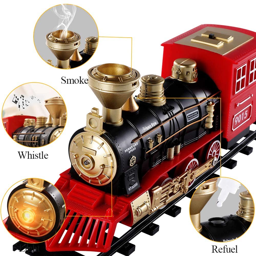 Temi Train Sets w/ Steam Locomotive Engine， Cargo Car and Tracks， Battery Operated Play Set Toy w/ Smoke， Light and Sounds， Perfect for Kids， Boys and Girls， Red