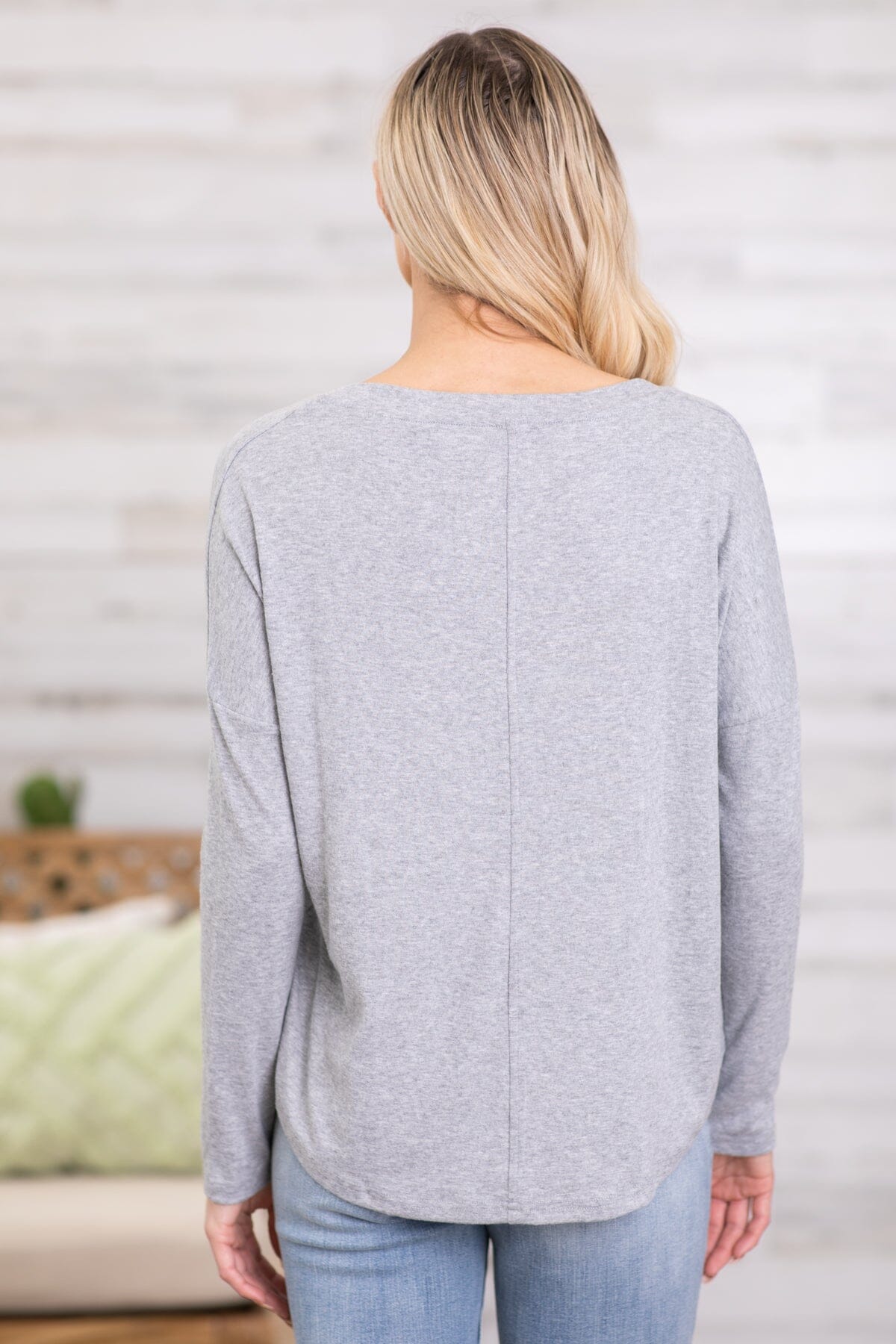 Grey V-Neck Long Sleeve Top