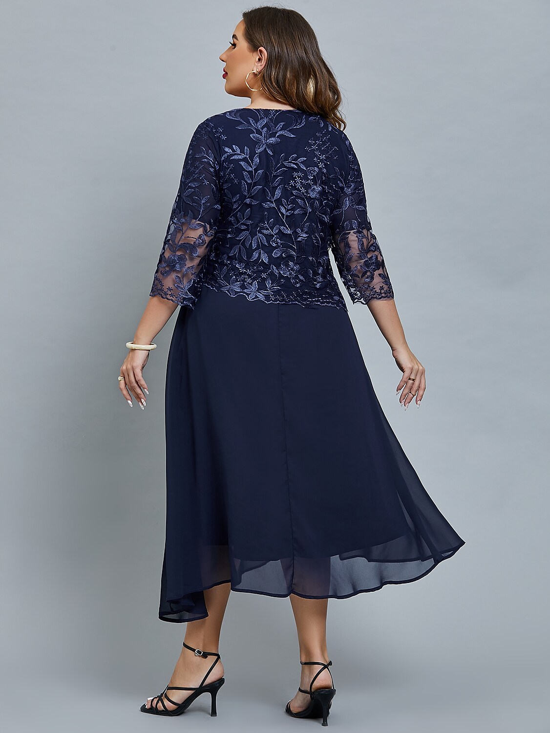 Women's Plus Size Curve Party Dress Floral Crew Neck Mesh 3/4 Length Sleeve Winter Fall Elegant Prom Dress Maxi long Dress Formal Party Dress / Lace