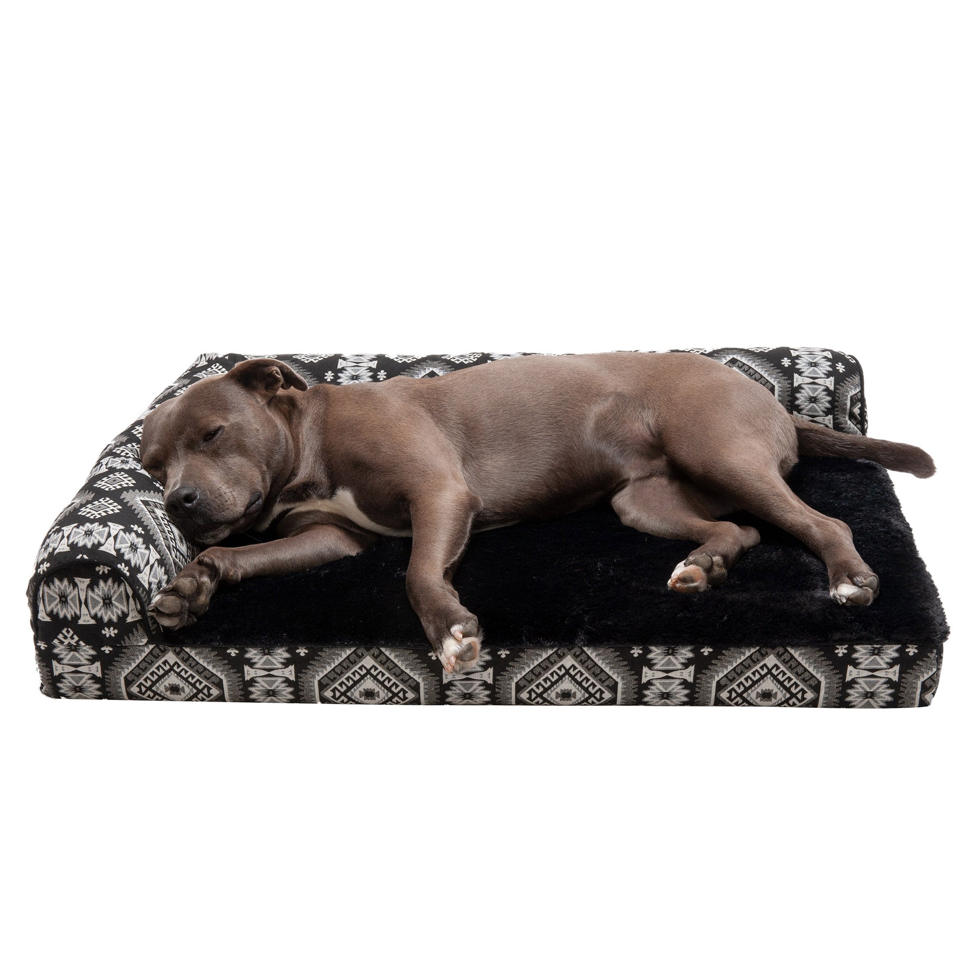 FurHaven | Deluxe Orthopedic Southwest Kilim L-Chaise Lounge Pet Bed for Dogs and Cats， Black Medallion， Large
