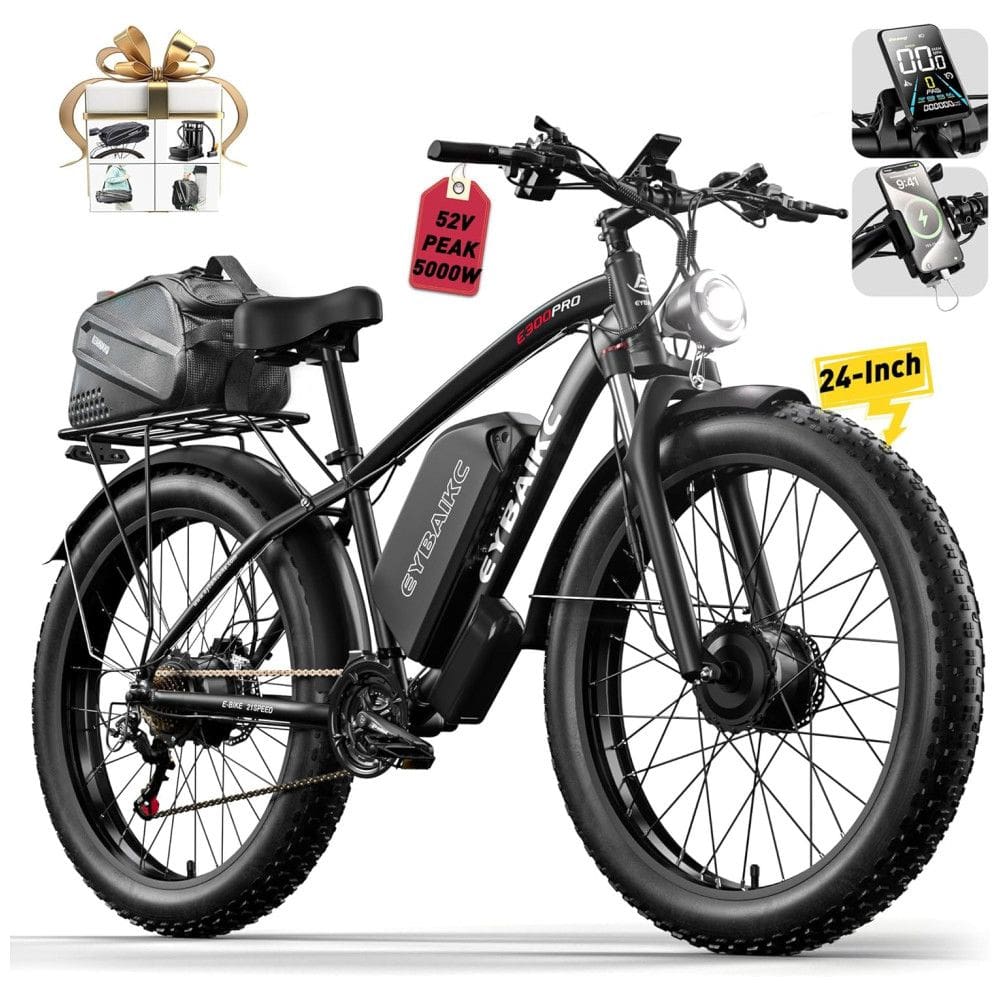 Bicicleta Elétrica Dual Motor Peak 5000W para Adultos, Bateria 52V32Ah 160Km Autonomia, EBike 40-45MPH, Pneu 24` x 4.0