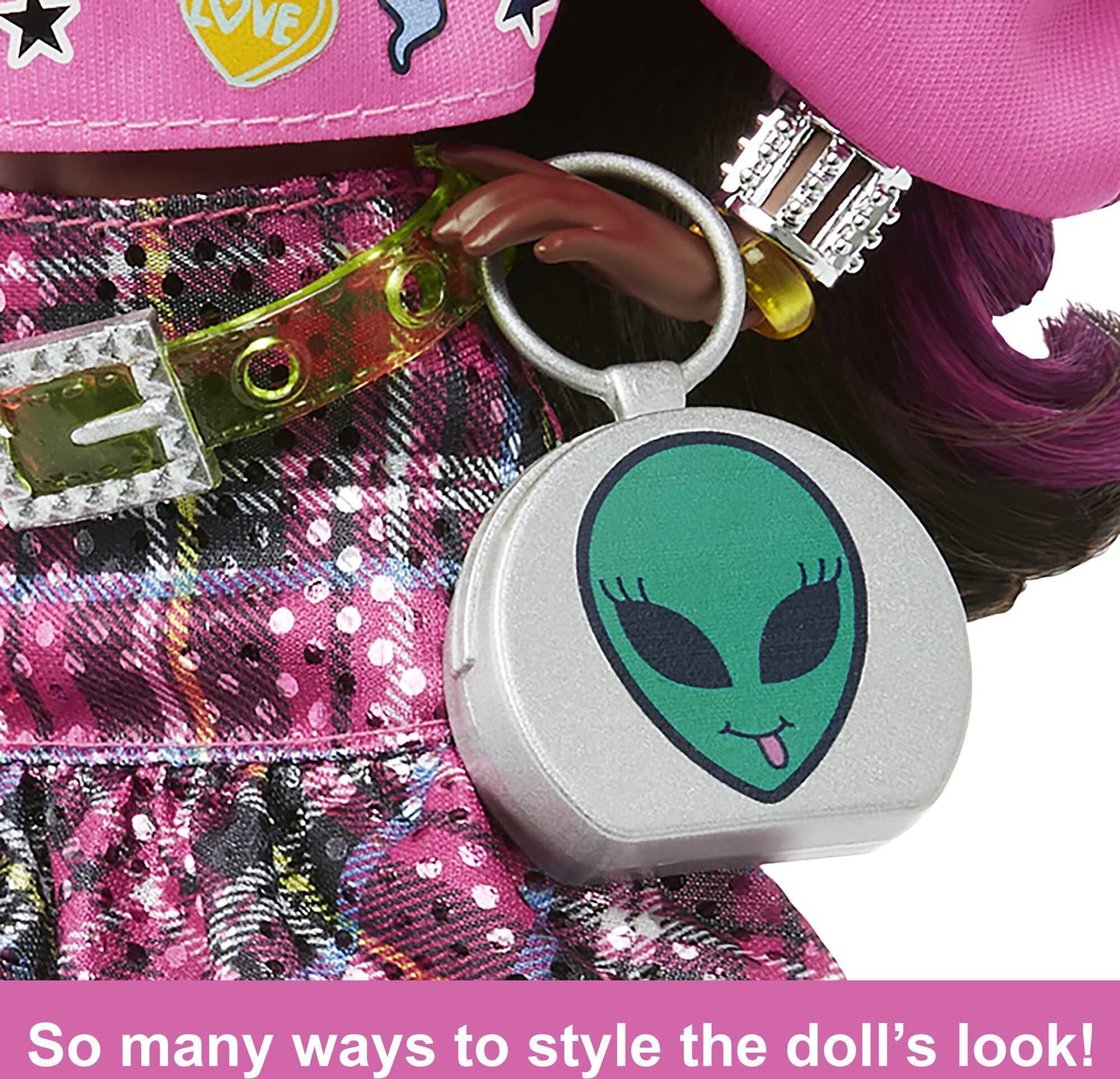 Barbie Extra Fashion Doll with Pink-Streaked Brunette Hair in Graphic Hoodie with Accessories & Pet