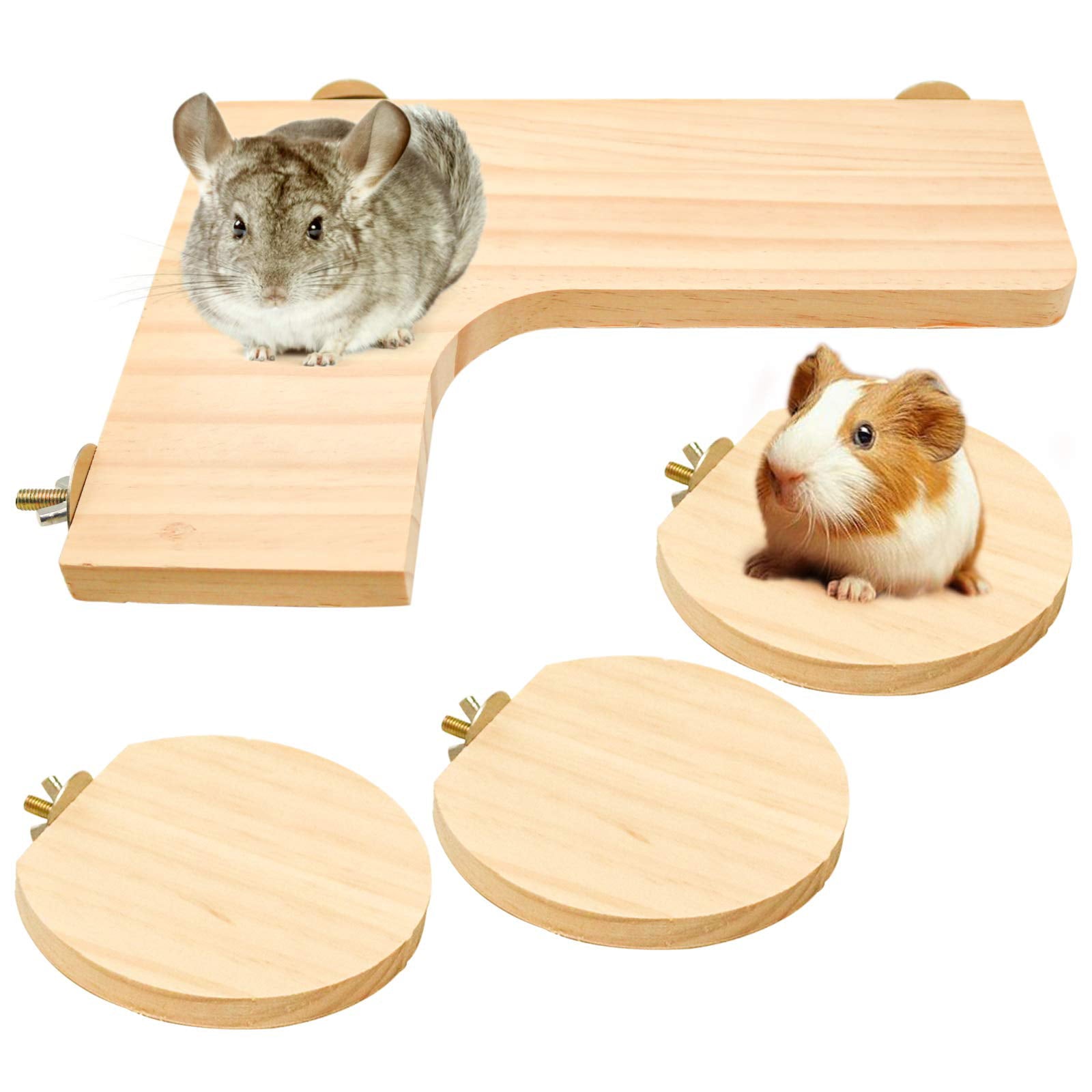 4 Pcs Hamster Wooden Platform， L-Shaped Large Platform Natural Wooden Parrot Round Standing Board， Rat Activity Chinchilla Bird Cage Accessories for Squirrel Gerbil Chinchilla Dwarf Hamster