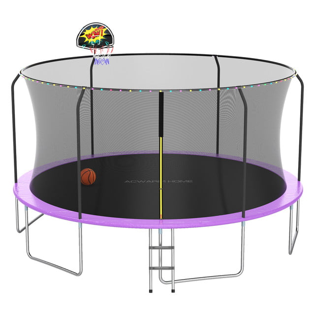 ACWARM HOME 14FT Purple Outdoor Trampoline with Basketball Hoop