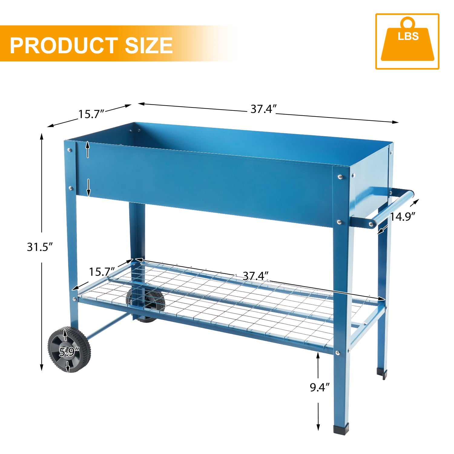 Pushable Blue Metal Raised Garden Bed, Outdoor/Indoor Garden Pots with Handles, Wheels and Shelves, Apartment Patio Stand for Vegetables Flowers Fruits from EXCITED WORK-37.4 inches long