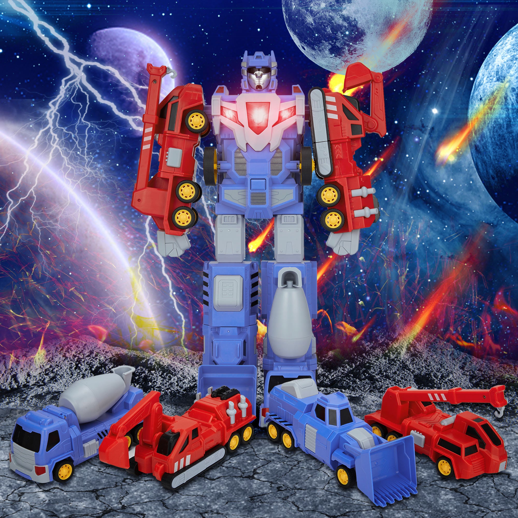 LELINTA Truck Transforming Robot Toy Cars Gift for Kids， 5-in-1 Construction Vehicles Transformer into Robot Action Figures， Assemble into Giant Pull-Back Truck with Sound and light