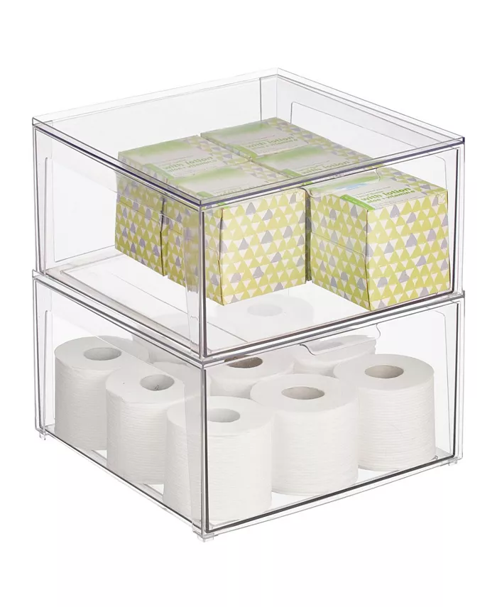 mDesign Plastic Stackable Bathroom Storage Organizer with Drawer， Large - 2 Pack