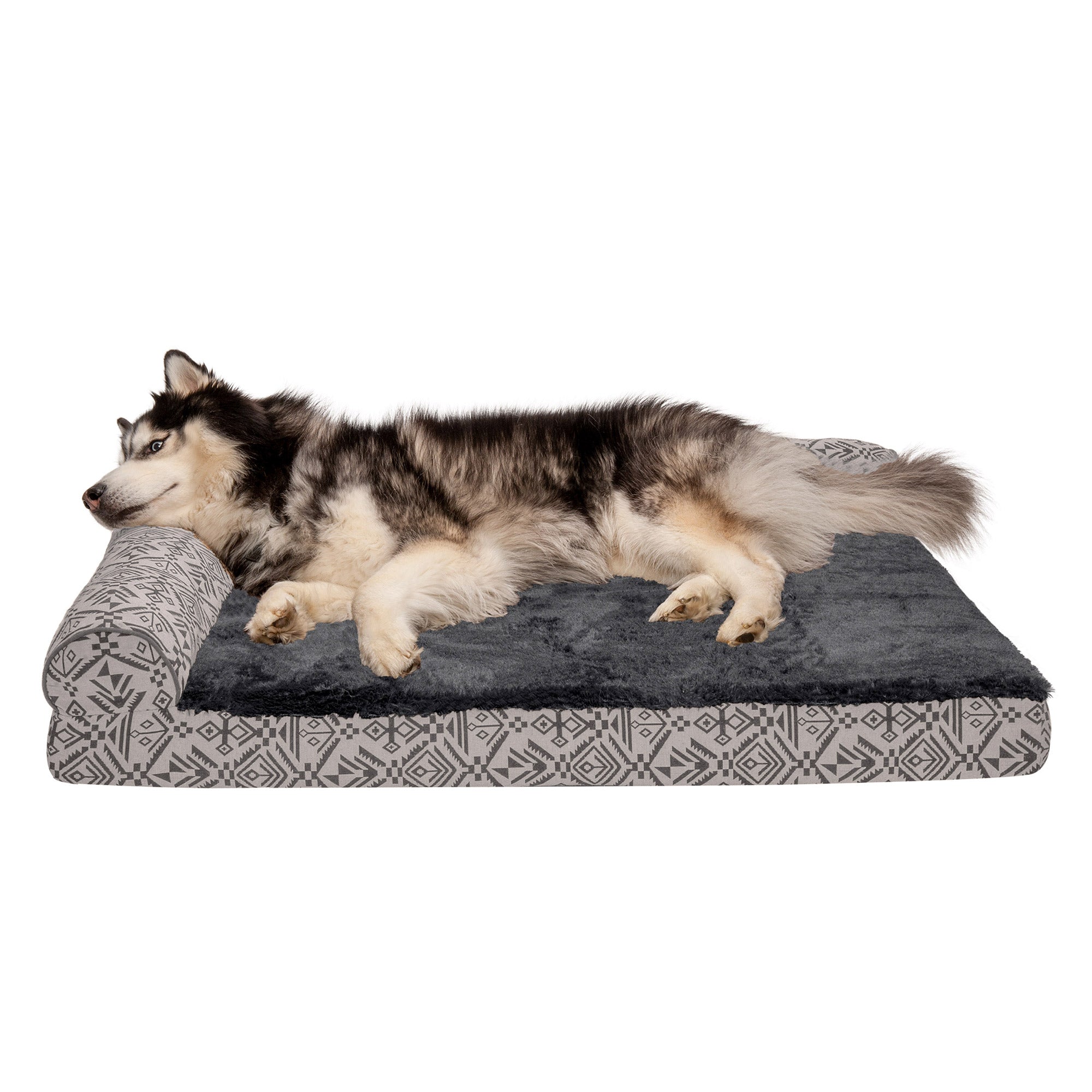 FurHaven | Deluxe Memory Foam Southwest Kilim L-Chaise Lounge Pet Bed for Dogs and Cats， Boulder Gray， Jumbo