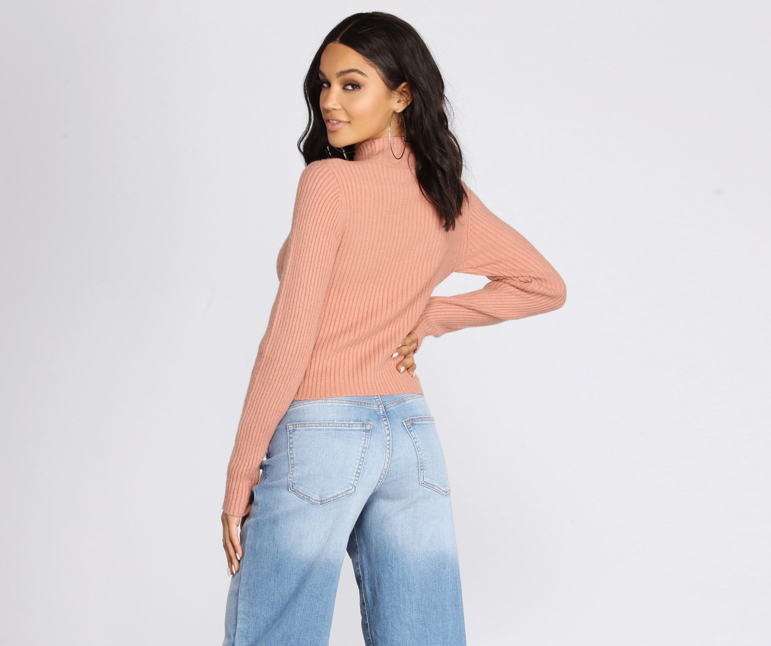 Basic Ribbed Knit Mock Neck Sweater
