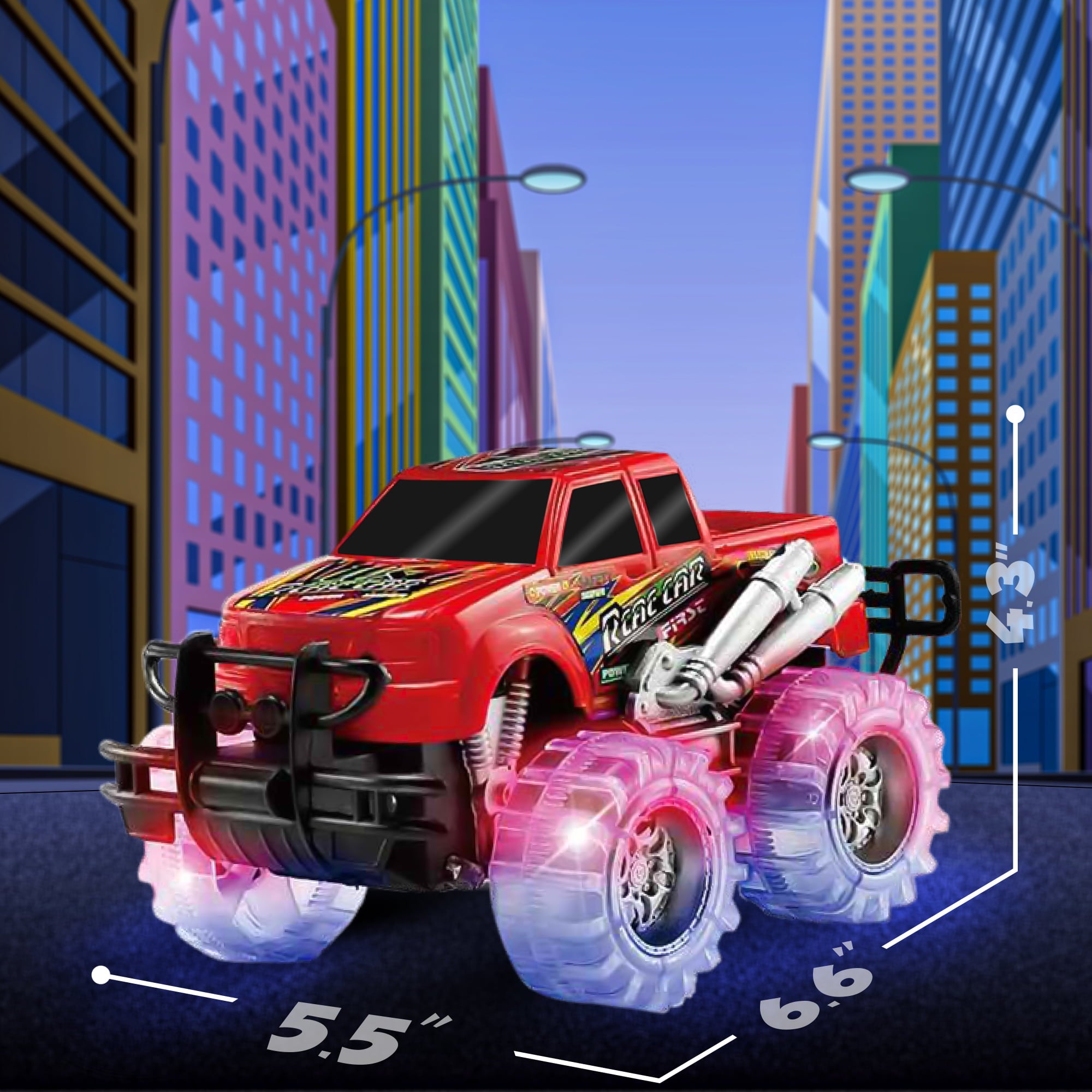 JoyX 2 Pack Light Up Monster Truck Car Toy with Beautiful Flashing LED Tires， Best Birthday Gift for Boy Girl Ages 3+， Push n Go Cars， Toy， Race Truck Car for Kid Party Favors and Daily Play