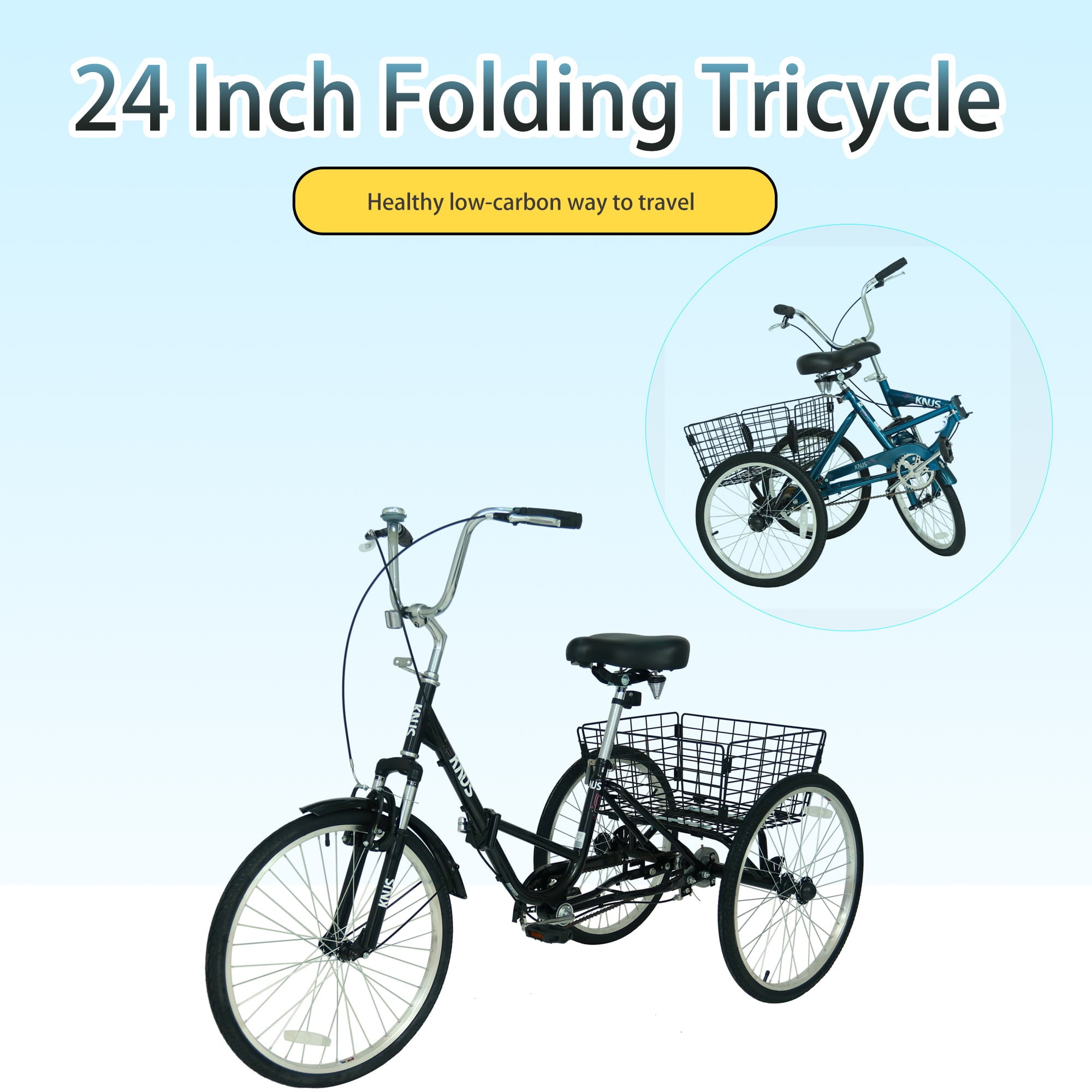 Adult Folding Tricycles 3 Wheel WInstallation Tools with Low Step-Through， Large Basket， Foldable Tricycle for Adults， Women， Men--BLACK