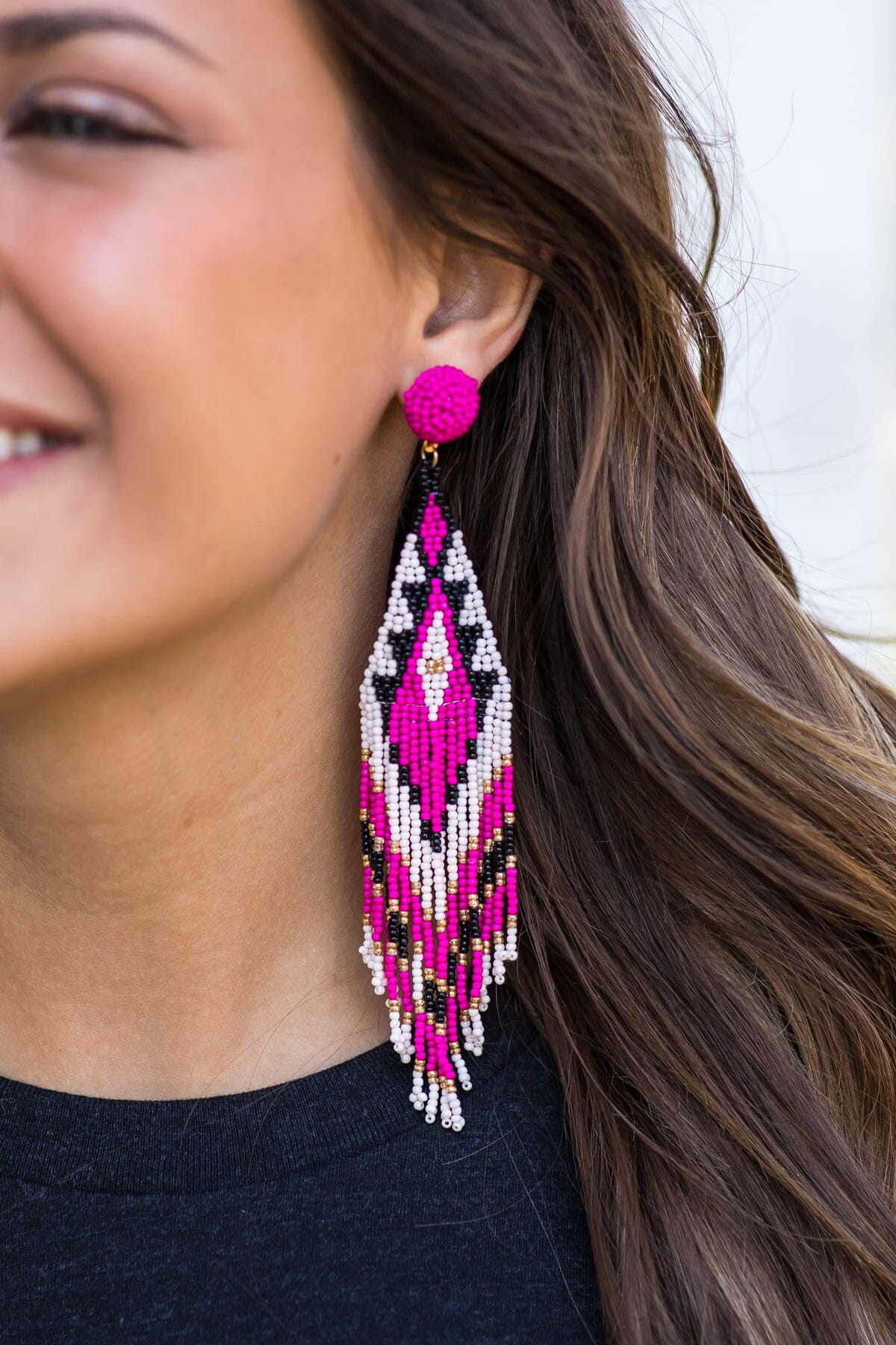 Fuchsia and Ivory Aztec Seed Bead Earrings