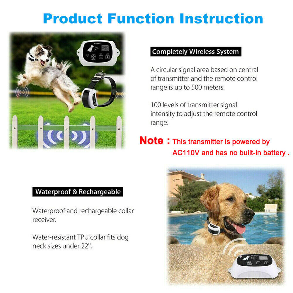 KingFurt Pet Electric Fence Containment System Wireless Waterproof Adjustable Shock Collar Pet Trainer(1-Drag-1)