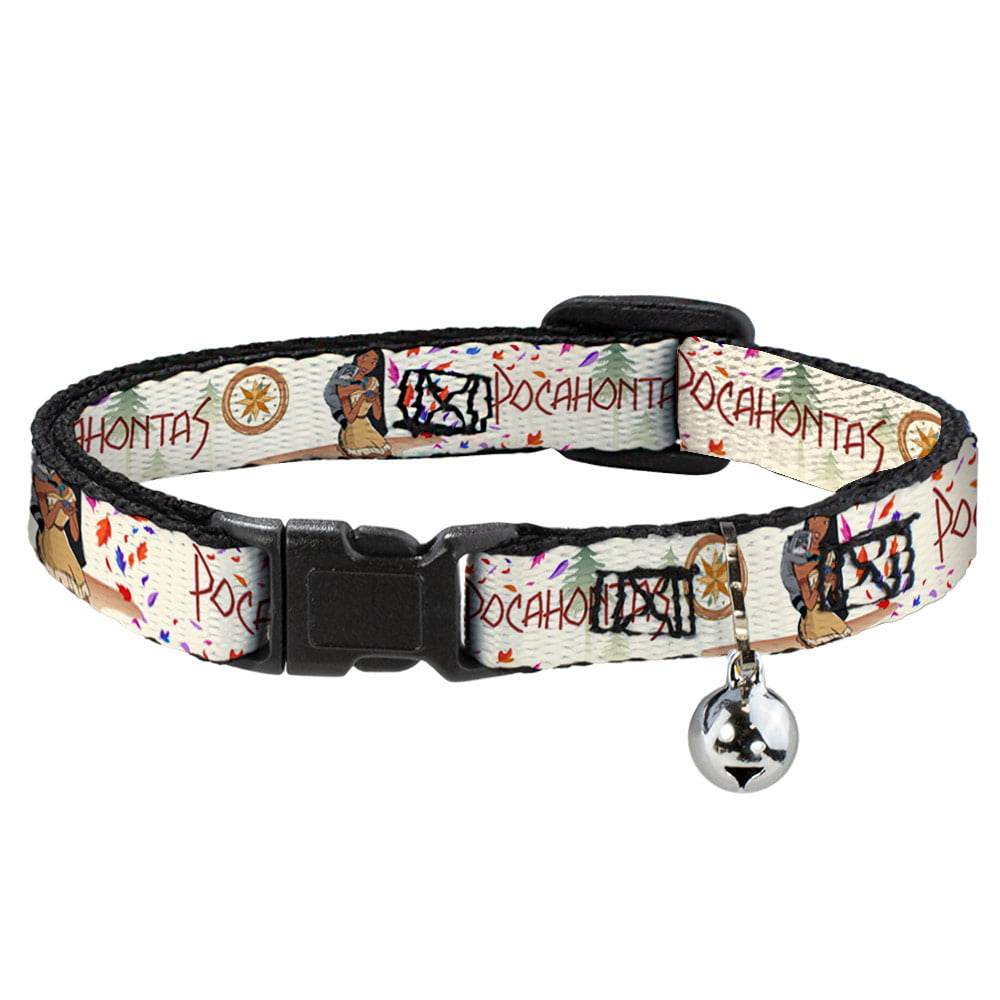 Disney Cat Collar， Breakaway Collar with Bell， Pocahontas and Meeko Compass with Script and Leaves Beige， 8.5 to 12 Inches 0.5 Inch Wide