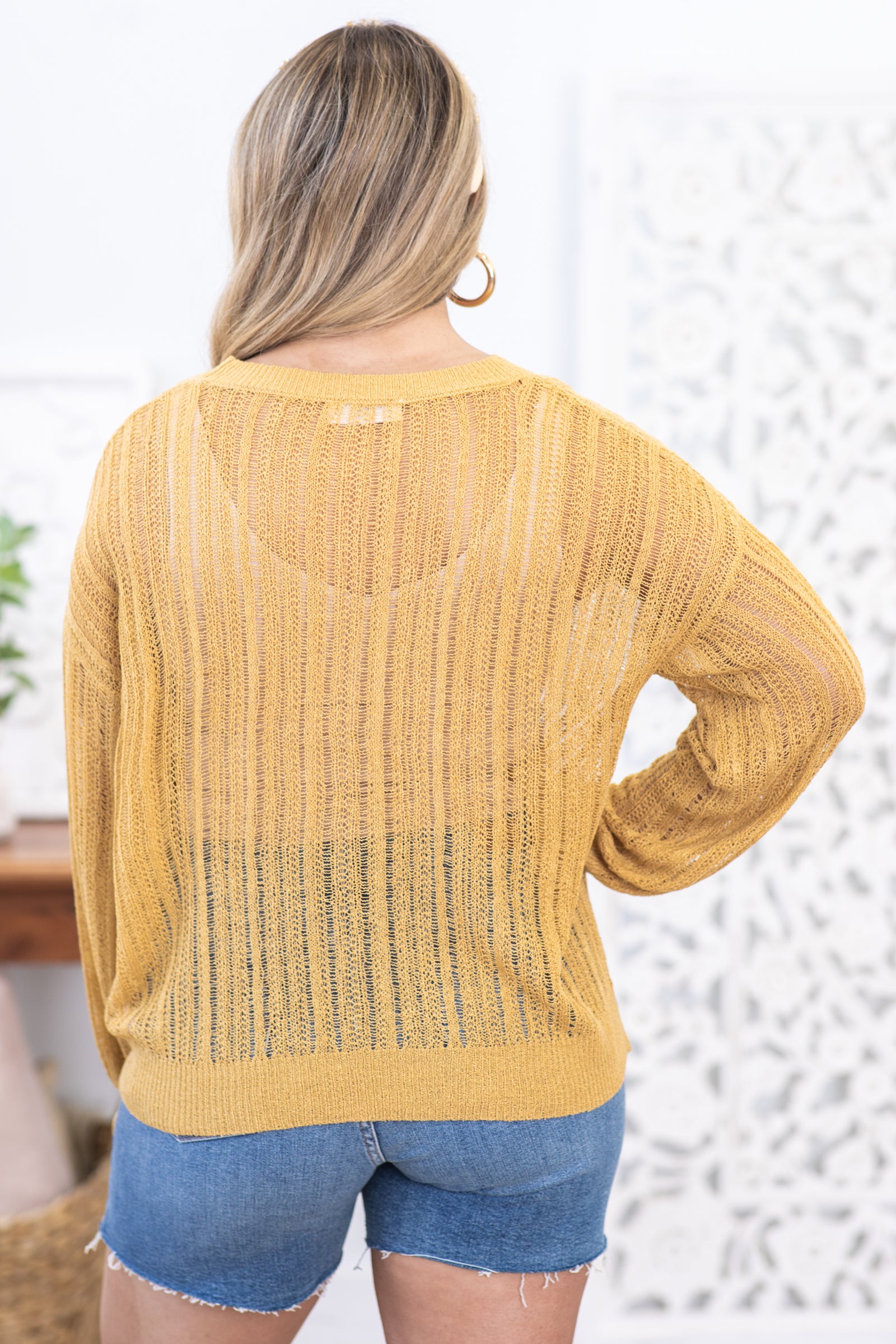 Camel Pointelle Crewneck Sweater