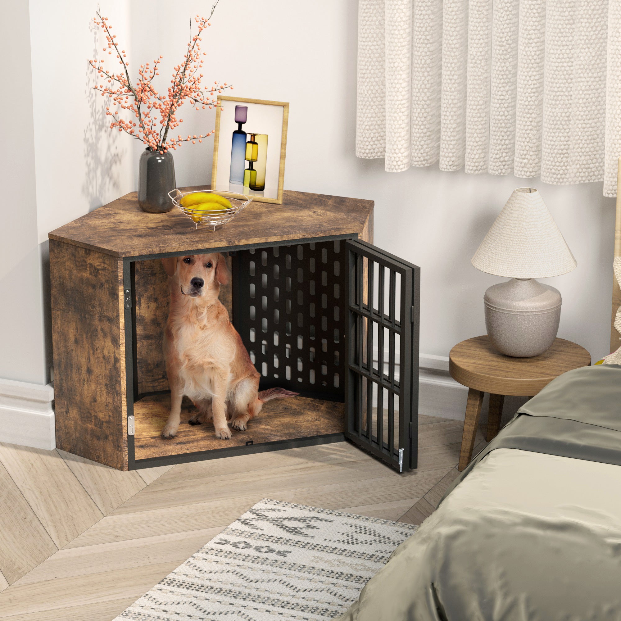 Corner Dog Crate Furniture for Small to Medium Dog， Wood Dog Kennel for Trained Dogs， Rustic Brown