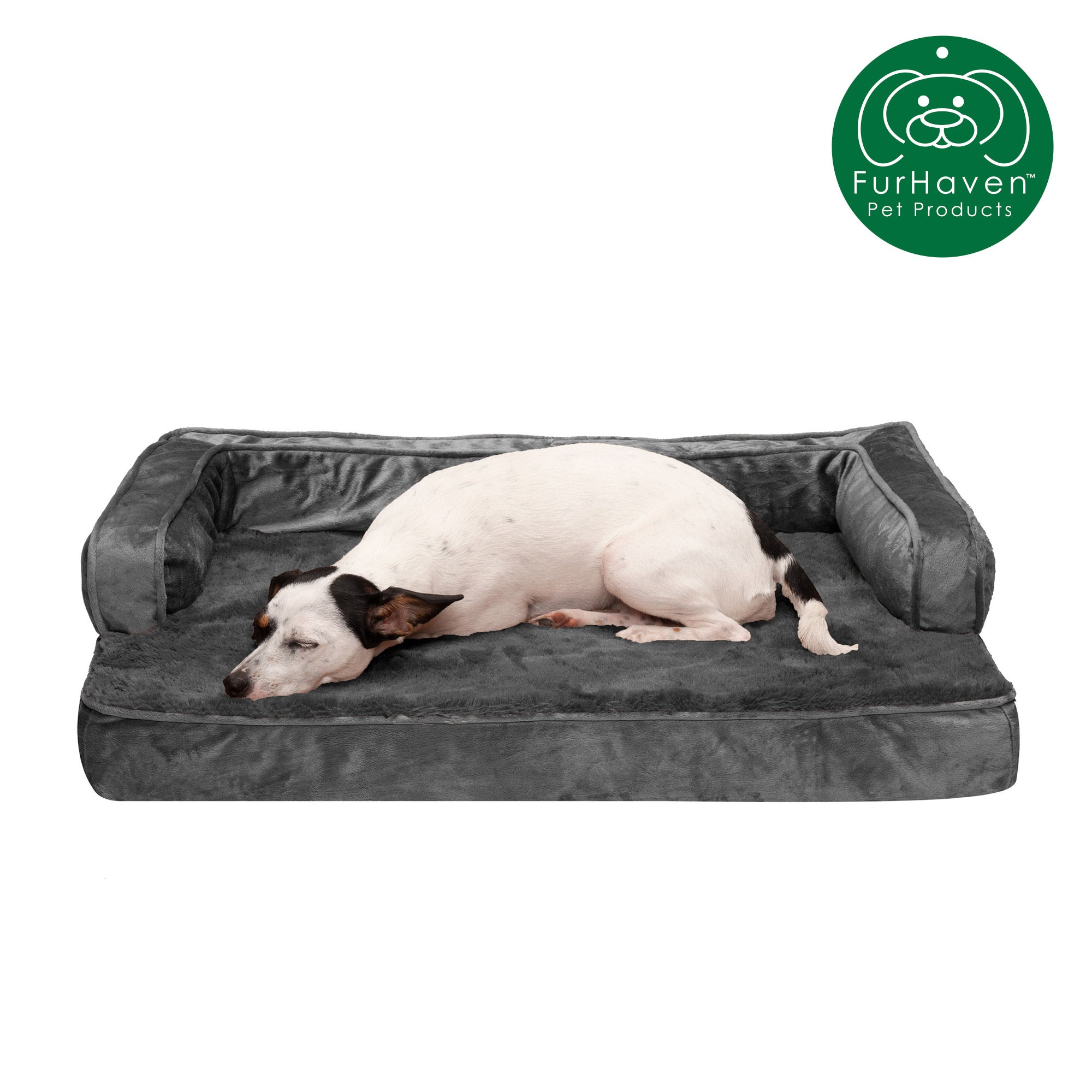 FurHaven Pet Dog Bed | Memory Foam Plush and Velvet Comfy Couch Sofa-Style Pet Bed for Dogs and Cats， Dark Gray， Medium
